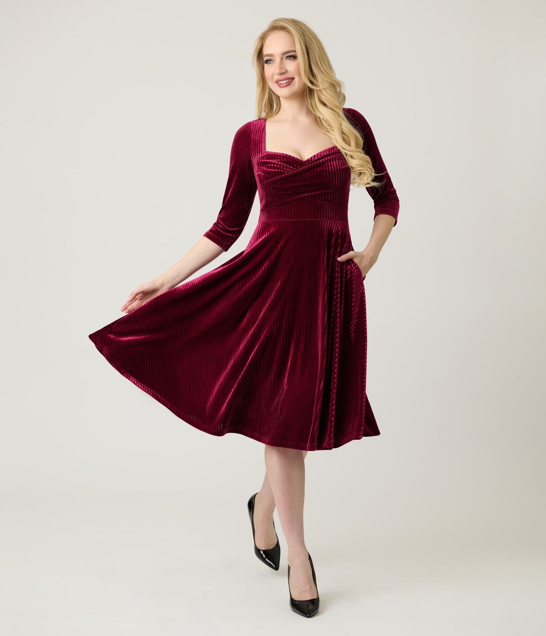 Unique Vintage Merlot Striped Velvet Pleated Bust Swing Dress Unique Vintage Merlot Striped Velvet Pleated Bust Swing Dress