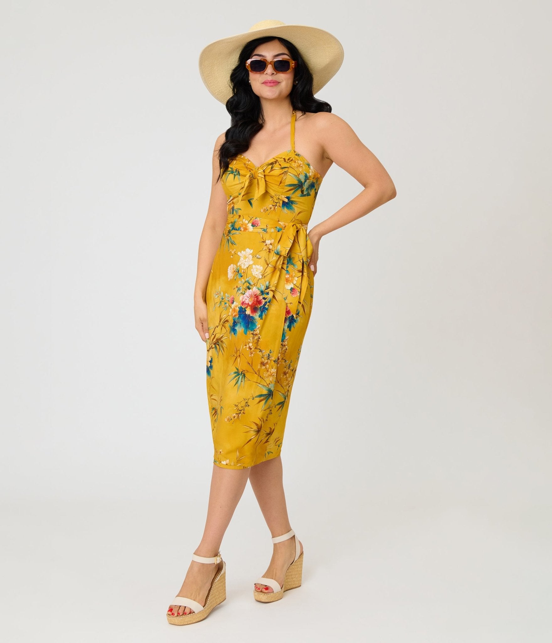 Unique Vintage Mustard Floral Leilani Sarong Dress S/4-6 Unique Vintage Mustard Floral Leilani Sarong Dress S/4-6