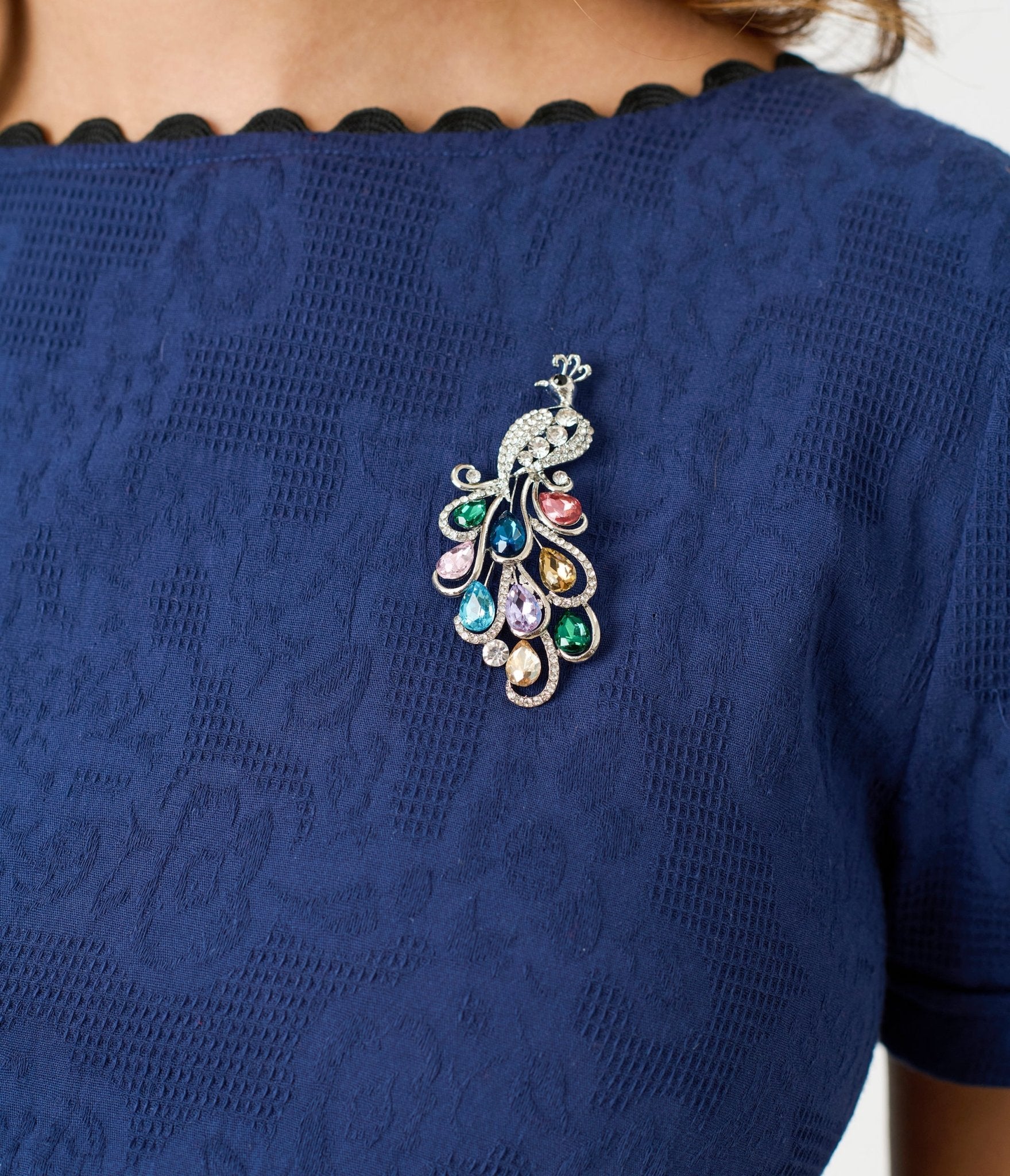 Unique Vintage Navy & Black Peacock Pin Cotton Swing Dress - Unique Vintage - Womens, DRESSES, SWING