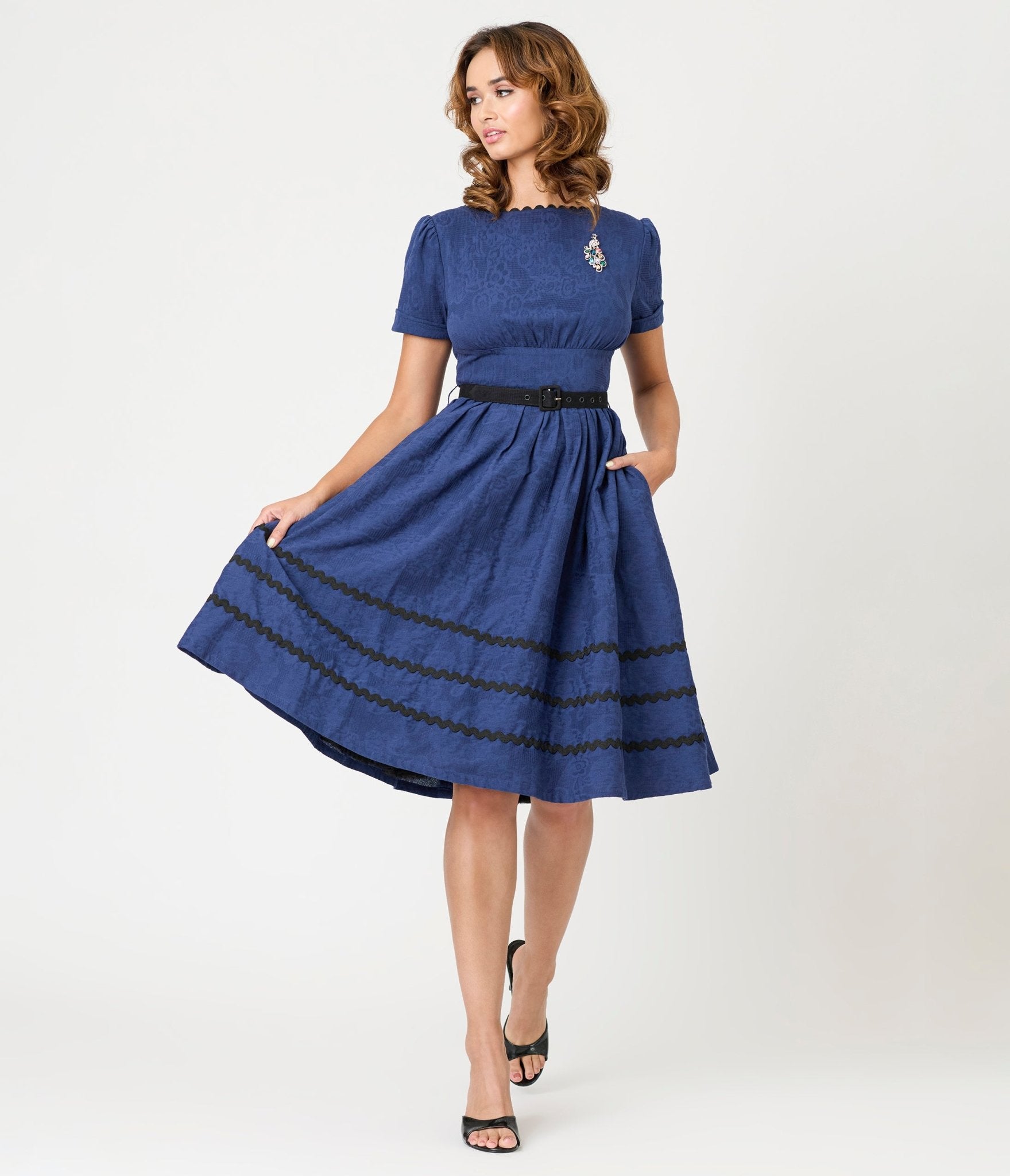 Unique Vintage Navy & Black Peacock Pin Cotton Swing Dress Unique Vintage Navy & Black Peacock Pin Cotton Swing Dress