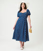 Unique Vintage Navy & White Dot Puff Sleeve Midi Dress