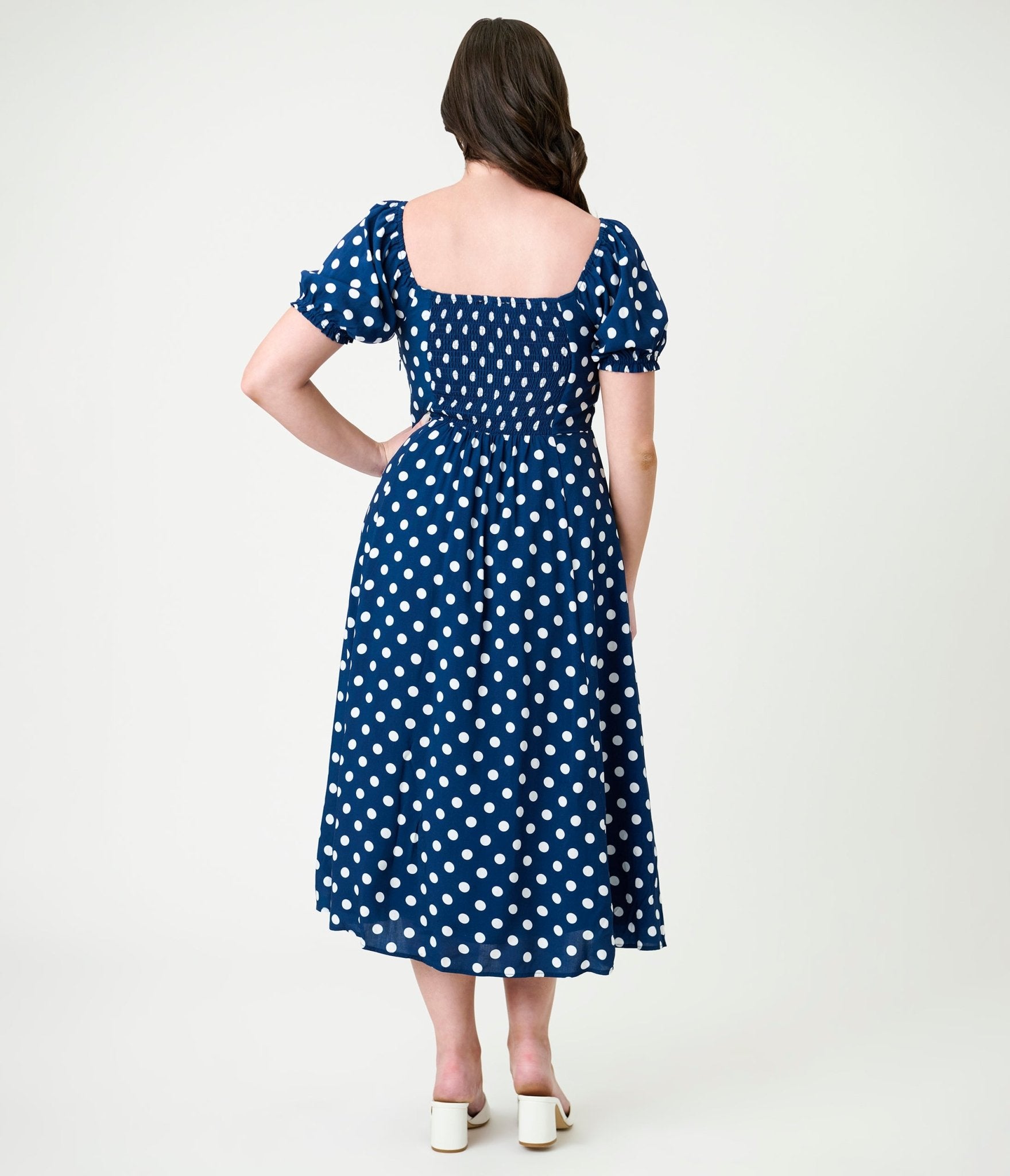 Unique Vintage Navy & White Dot Puff Sleeve Midi Dress - Unique Vintage - Womens, DRESSES, MIDI
