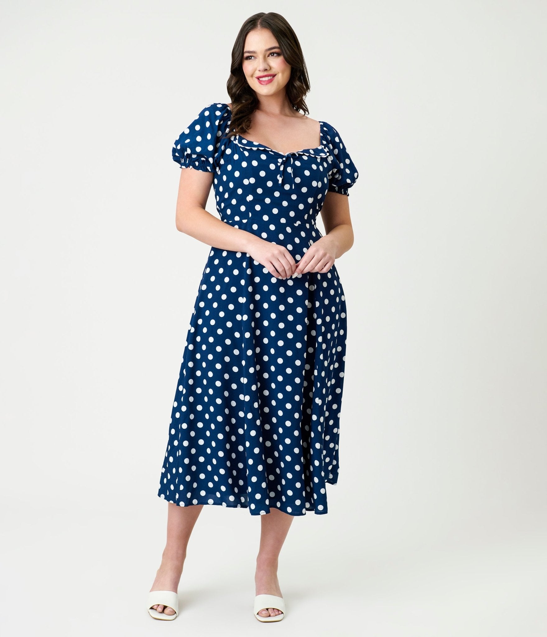 Unique Vintage Navy & White Dot Puff Sleeve Midi Dress - Unique Vintage - Womens, DRESSES, MIDI