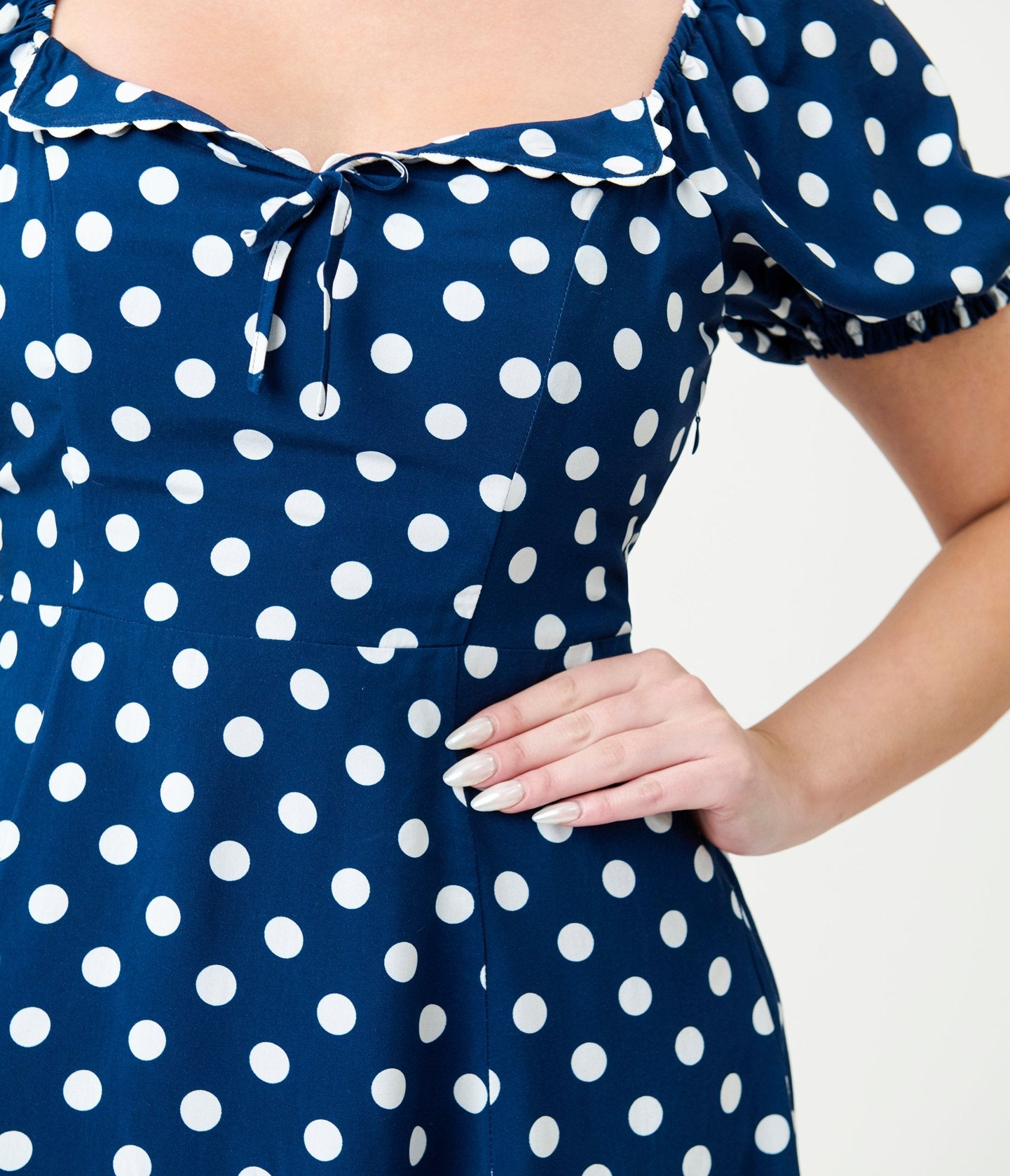 Unique Vintage Navy & White Dot Puff Sleeve Midi Dress - Unique Vintage - Womens, DRESSES, MIDI