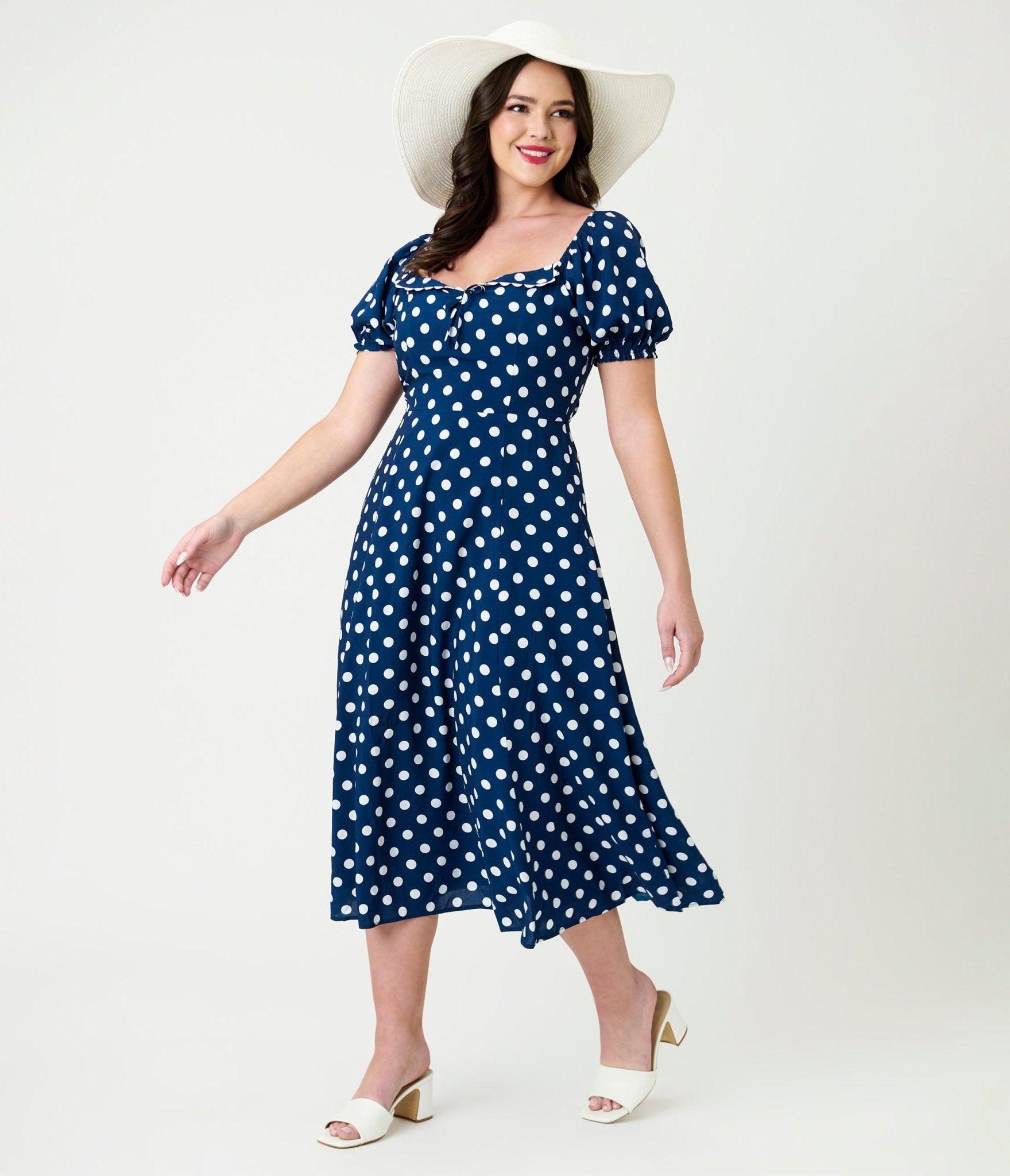 Unique Vintage Navy & White Dot Puff Sleeve Midi Dress - Unique Vintage - Womens, DRESSES, MIDI