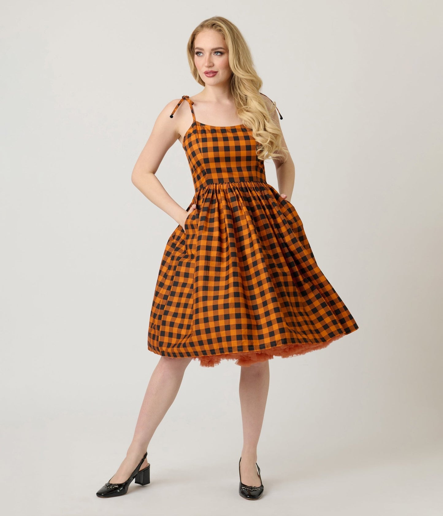Unique Vintage Orange & Black Gingham Cotton Bobbie Swing Dress - Unique Vintage - Womens, DRESSES, SWING