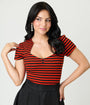 Unique Vintage Orange & Black Stripe Pentagon Collar Knit Top