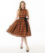 Unique Vintage Orange Plaid Sleeveless Cotton Swing Dress