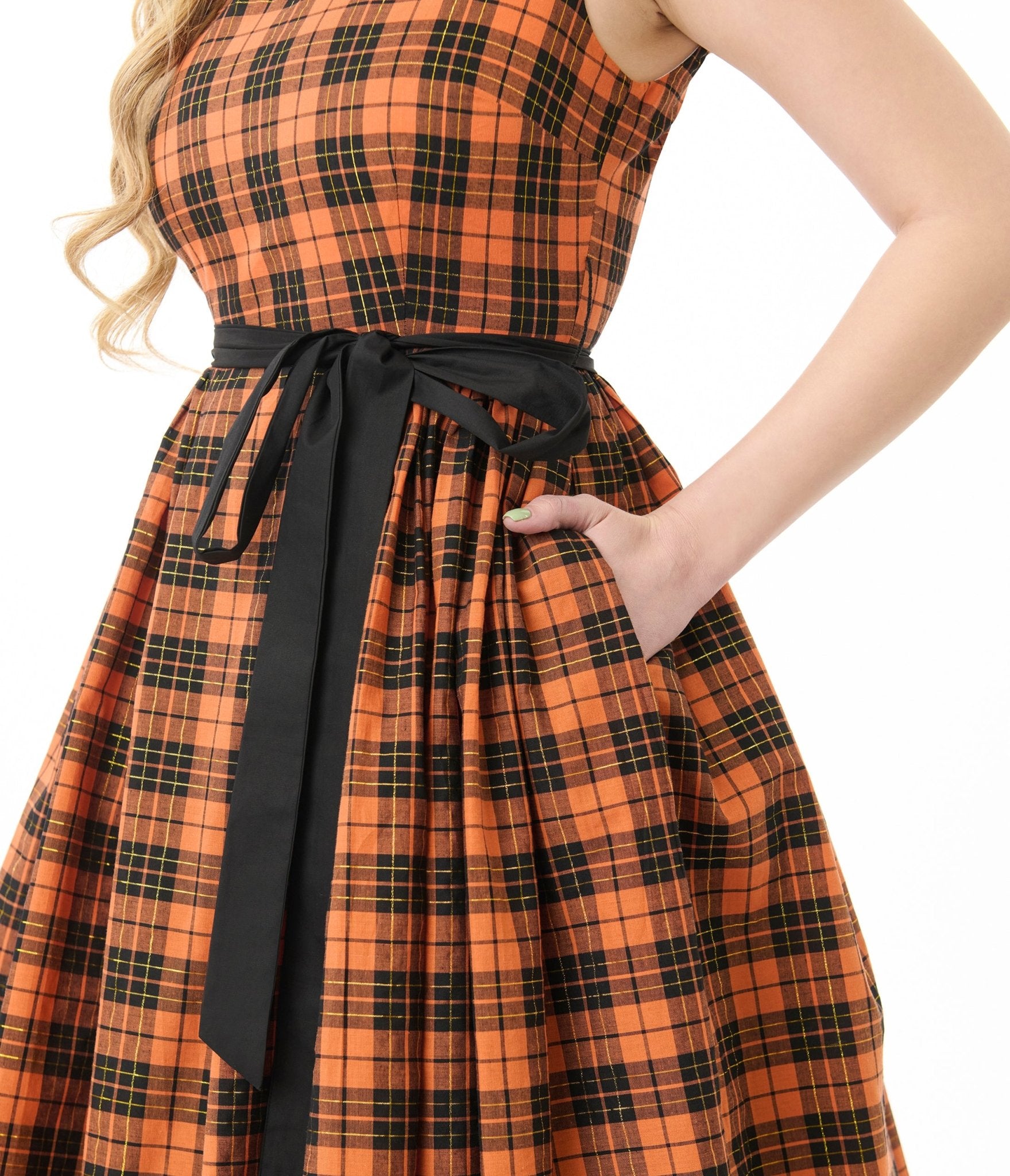 Unique Vintage Orange Plaid Sleeveless Cotton Swing Dress - Unique Vintage - Womens, DRESSES, SWING