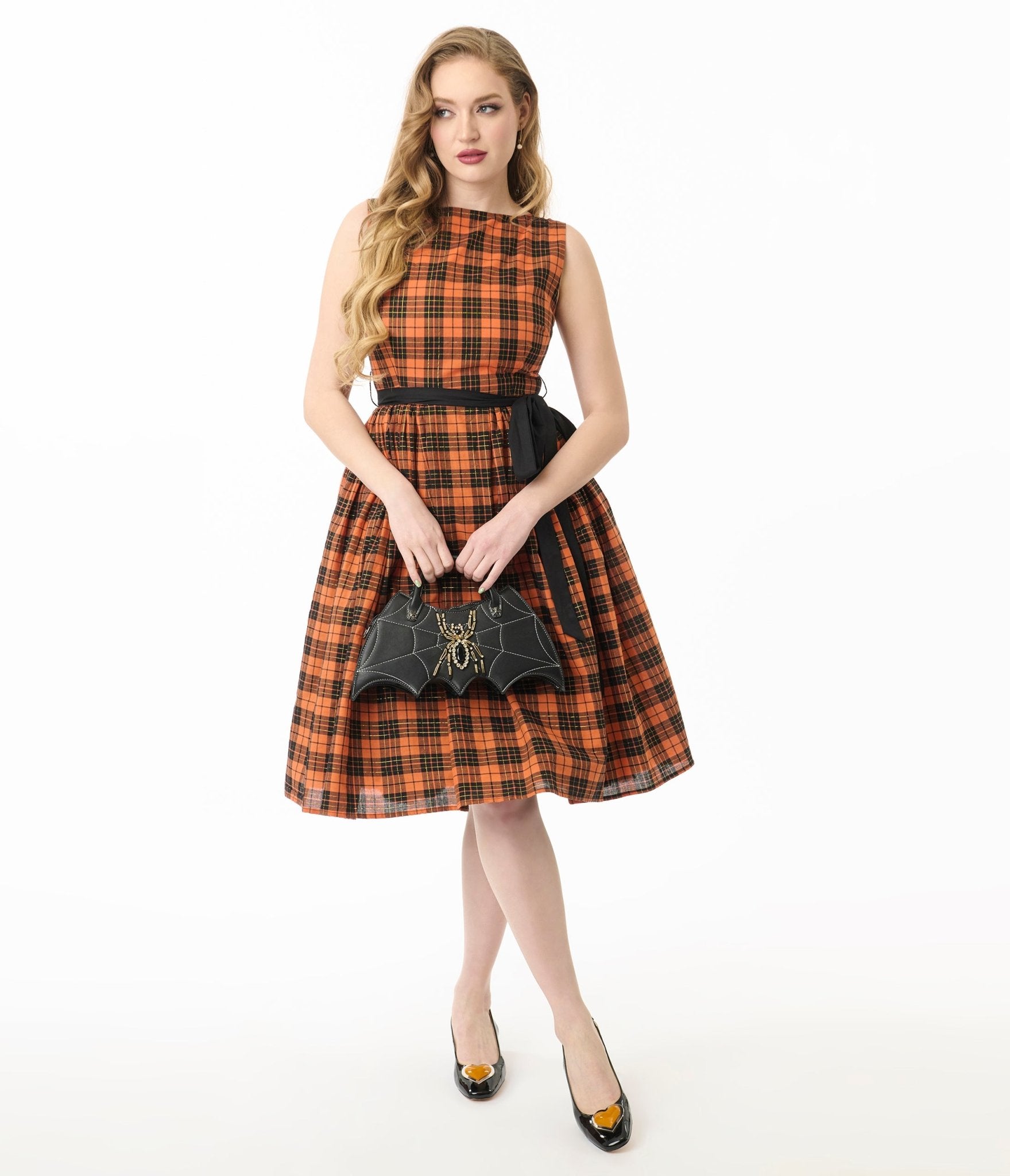 Unique Vintage Orange Plaid Sleeveless Cotton Swing Dress - Unique Vintage - Womens, DRESSES, SWING