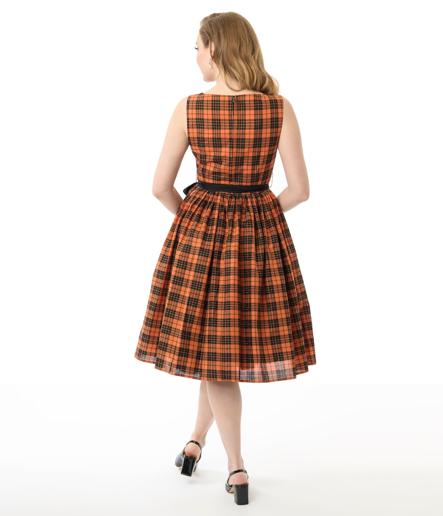 Unique Vintage Orange Plaid Sleeveless Cotton Swing Dress - Unique Vintage - Womens, DRESSES, SWING
