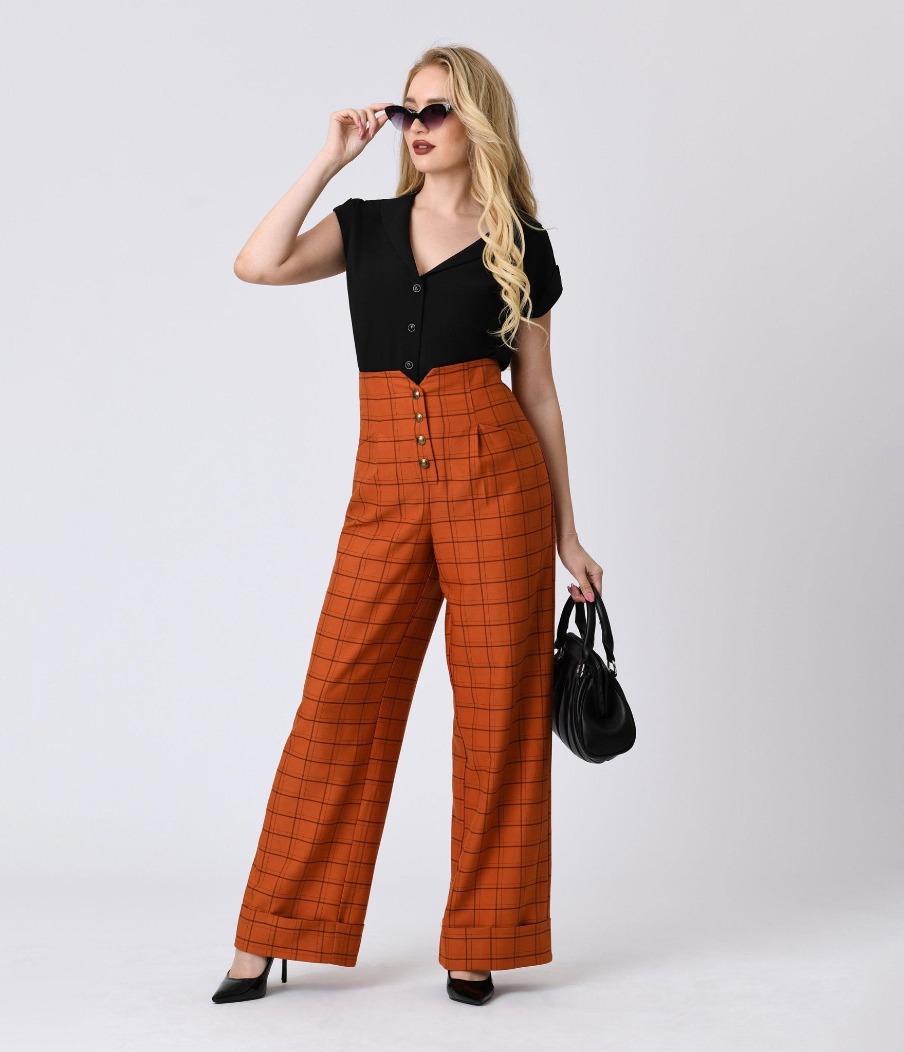Unique Vintage Orange Windowpane Buttoned Wide Leg Trousers Unique Vintage Orange Windowpane Buttoned Wide Leg Trousers