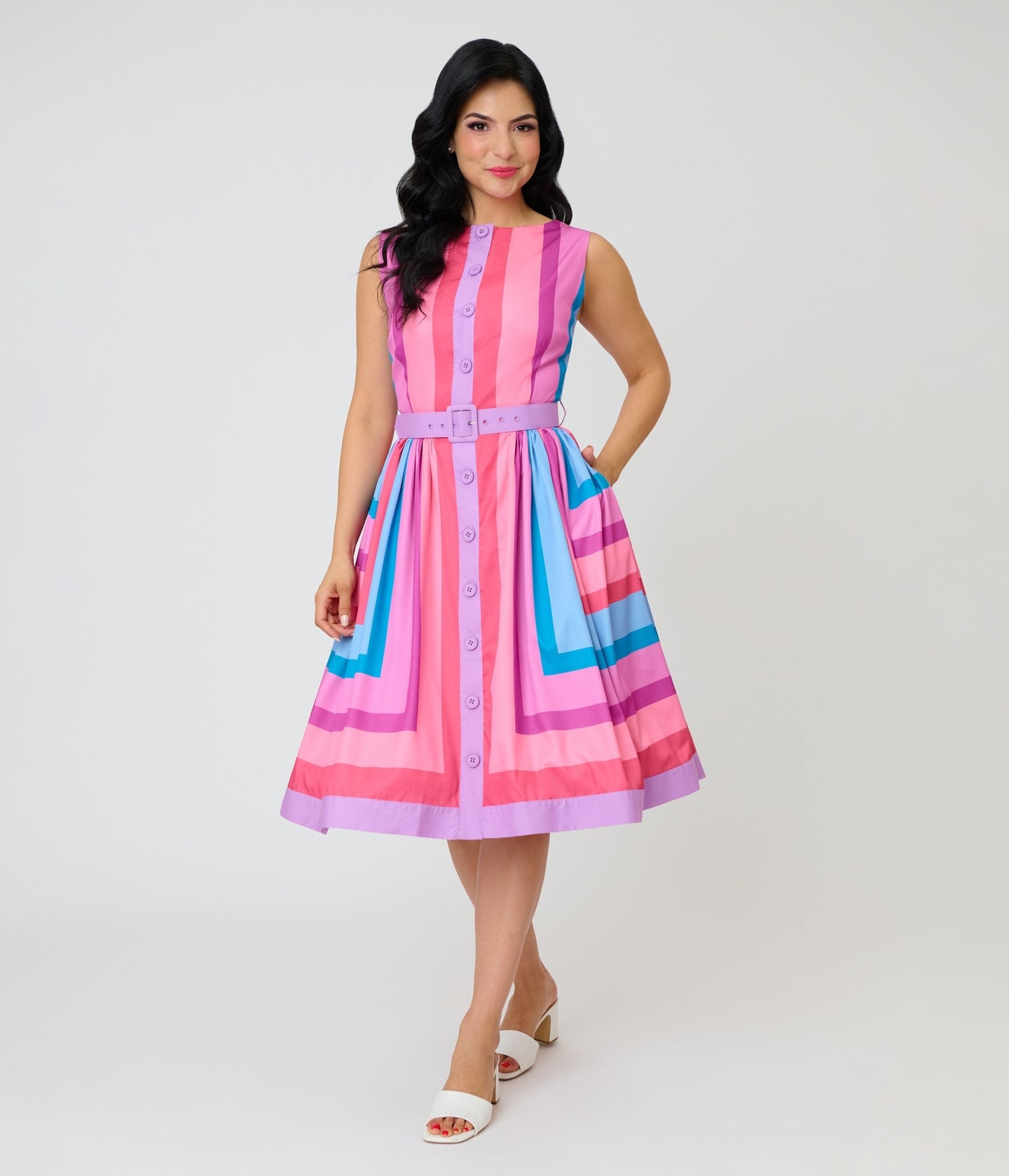 womens pastel dresses Unique Vintage Purple & Blue Stripe Sleeveless Button Swing Dress M/8-10 Max studio dress size tie Side seam pockets Black Crane Color:Jade/New Blue