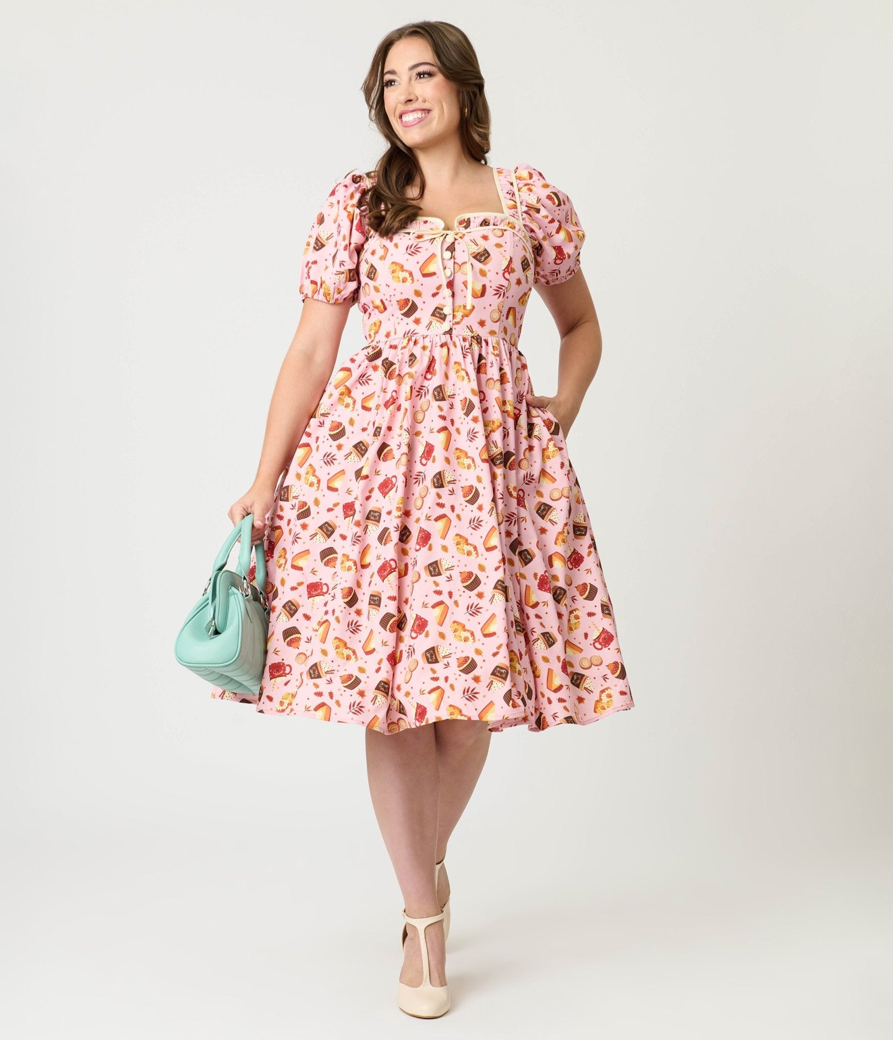 Unique Vintage Pink Fall Treats Print Button Front Swing Dress Unique Vintage Pink Fall Treats Print Button Front Swing Dress