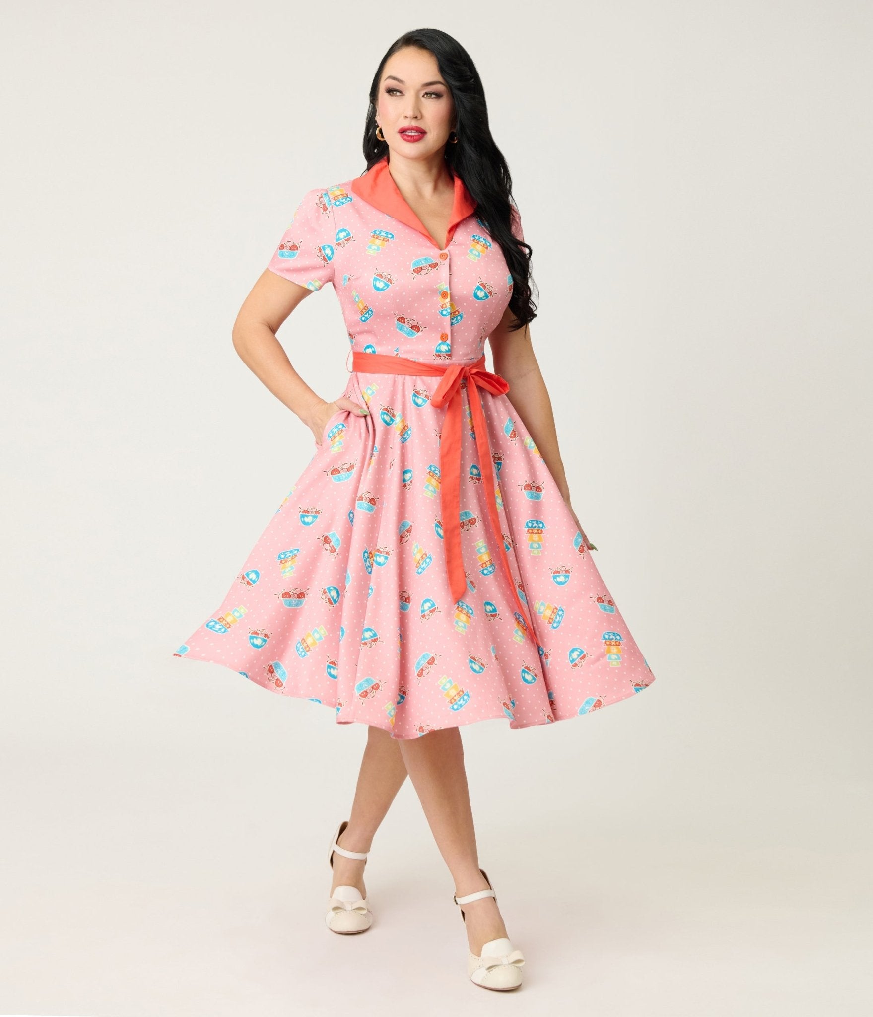 white christmas dresses Unique Vintage Pink Pyrex Print Cotton Shirt Dress