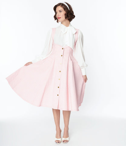Unique Vintage Pink & White Gingham Button Suspender Swing Skirt - Unique Vintage - Womens, BOTTOMS, SKIRTS