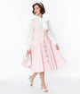 Unique Vintage Pink & White Gingham Button Suspender Swing Skirt