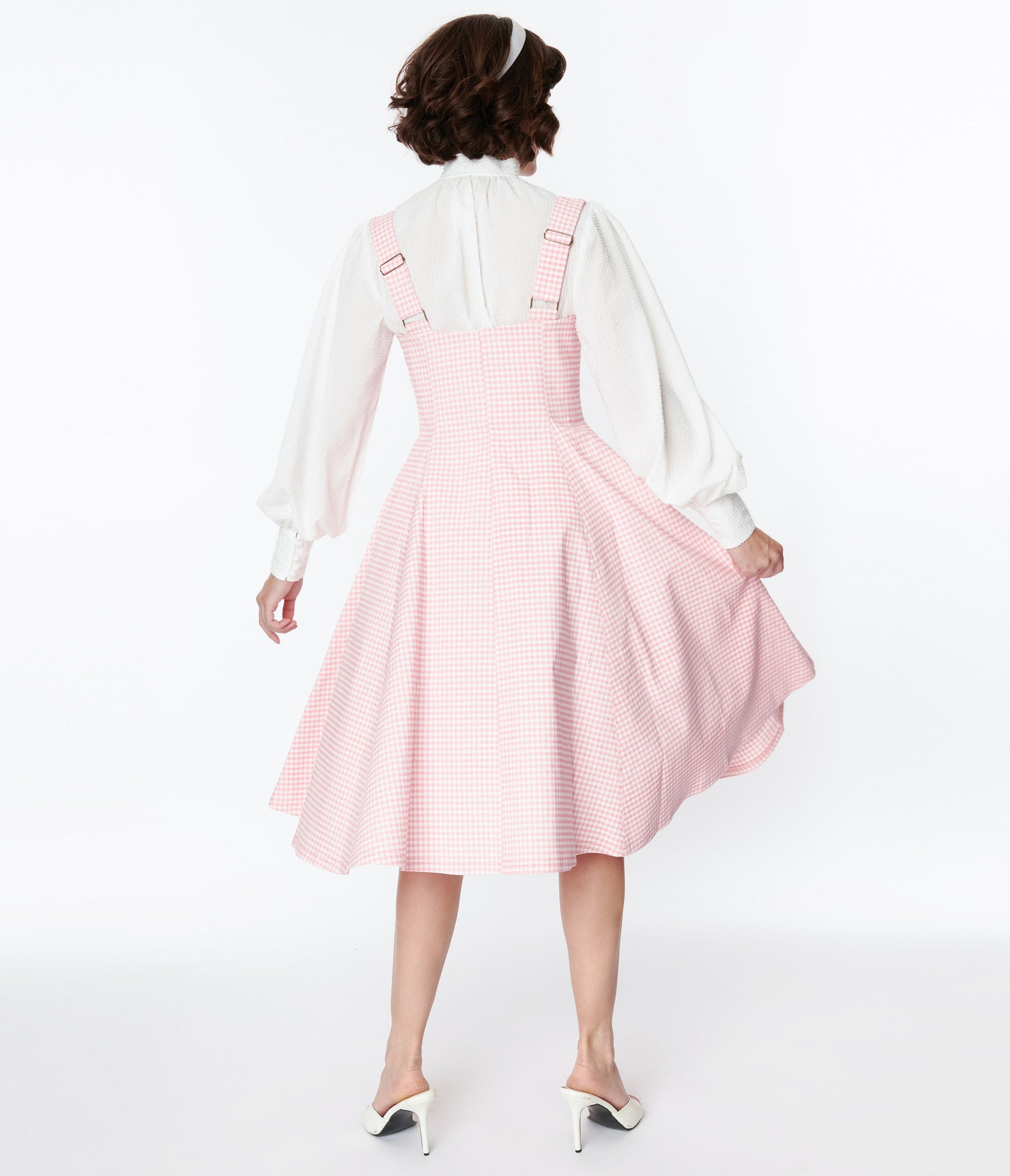 Unique Vintage Pink & White Gingham Button Suspender Swing Skirt - Unique Vintage - Womens, BOTTOMS, SKIRTS