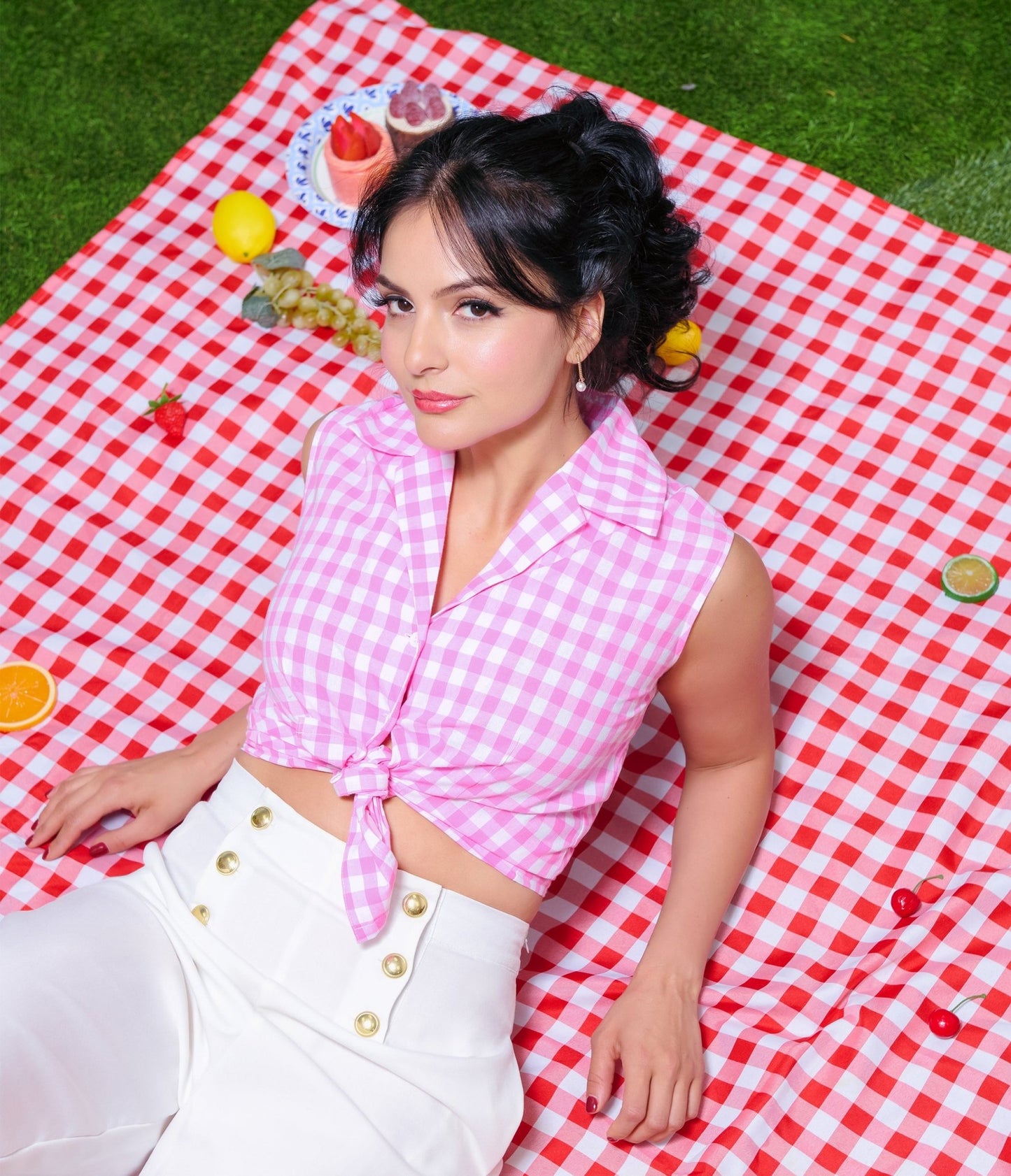Unique Vintage Pink & White Gingham Notched Collar Cotton Blouse - Unique Vintage - Womens, TOPS, WOVEN TOPS