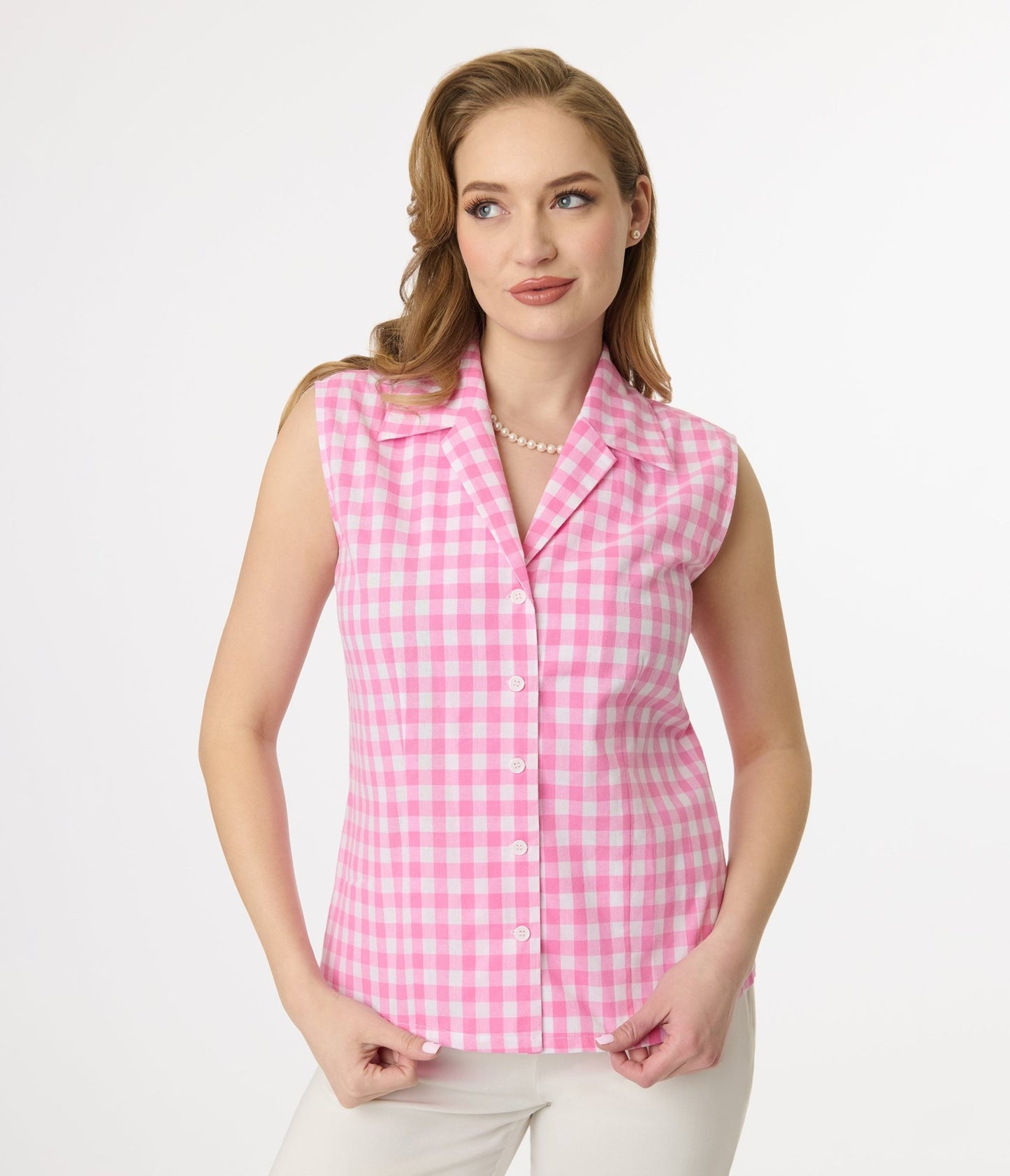Unique Vintage Pink & White Gingham Notched Collar Cotton Blouse - Unique Vintage - Womens, TOPS, WOVEN TOPS