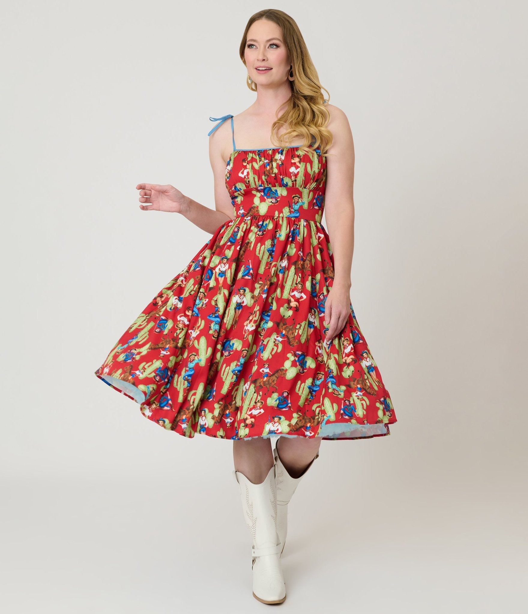 Unique Vintage Pinup Cowgirl Print Sleeveless Swing Dress