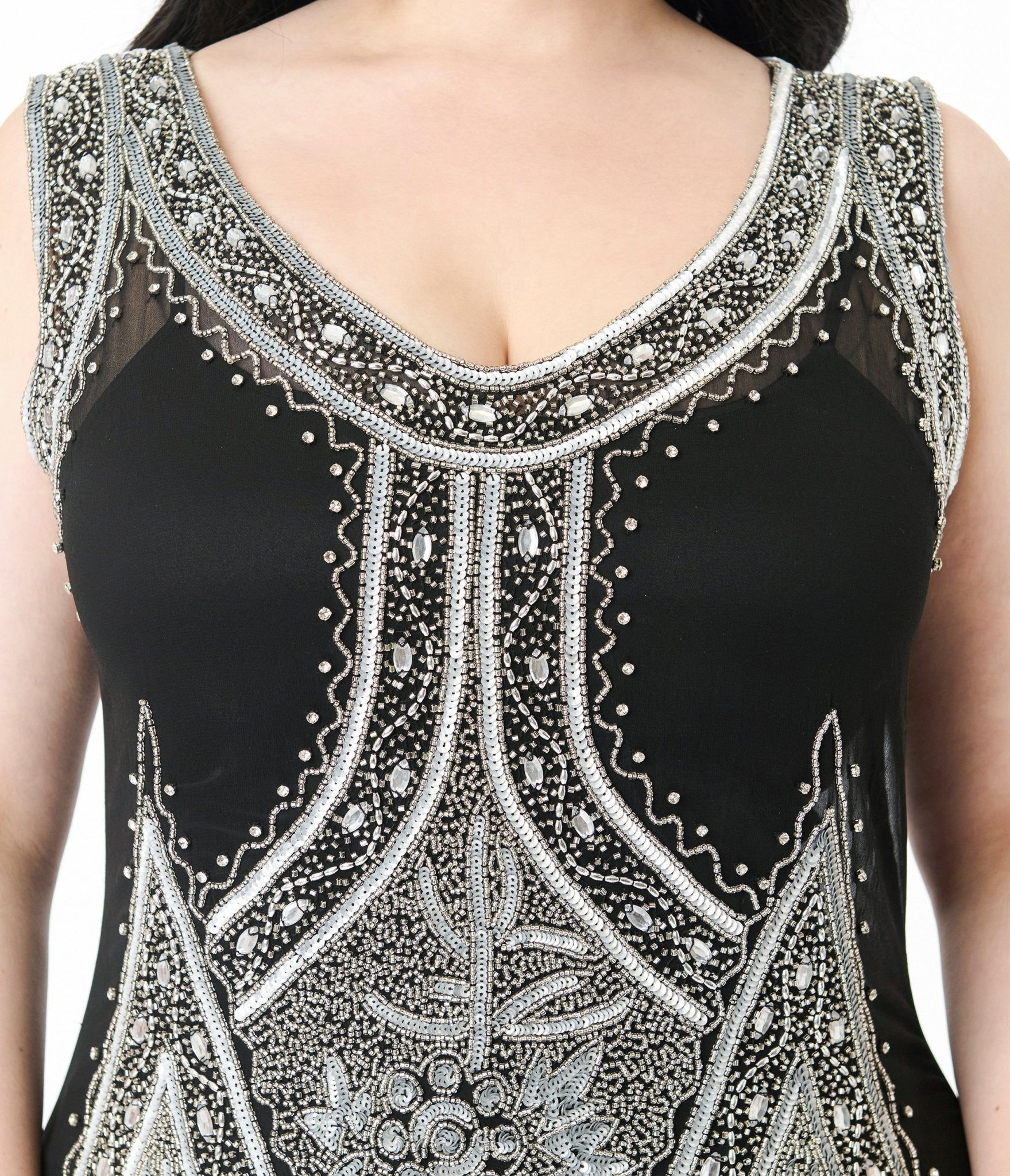 Unique Vintage Plus 1920s Silver & Black Embroidered & Hand Beaded Flapper Dress - Unique Vintage - Womens, FLAPPER BEADED