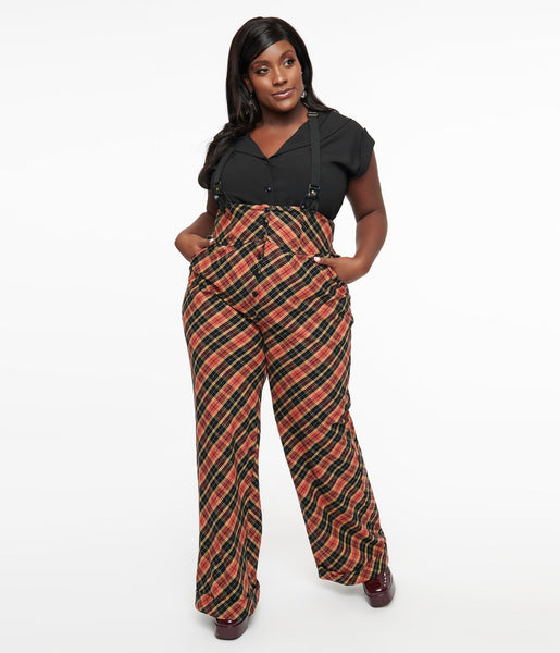 Unique Vintage Plus Size 1930s Black Rust Plaid Thelma Suspender Pan