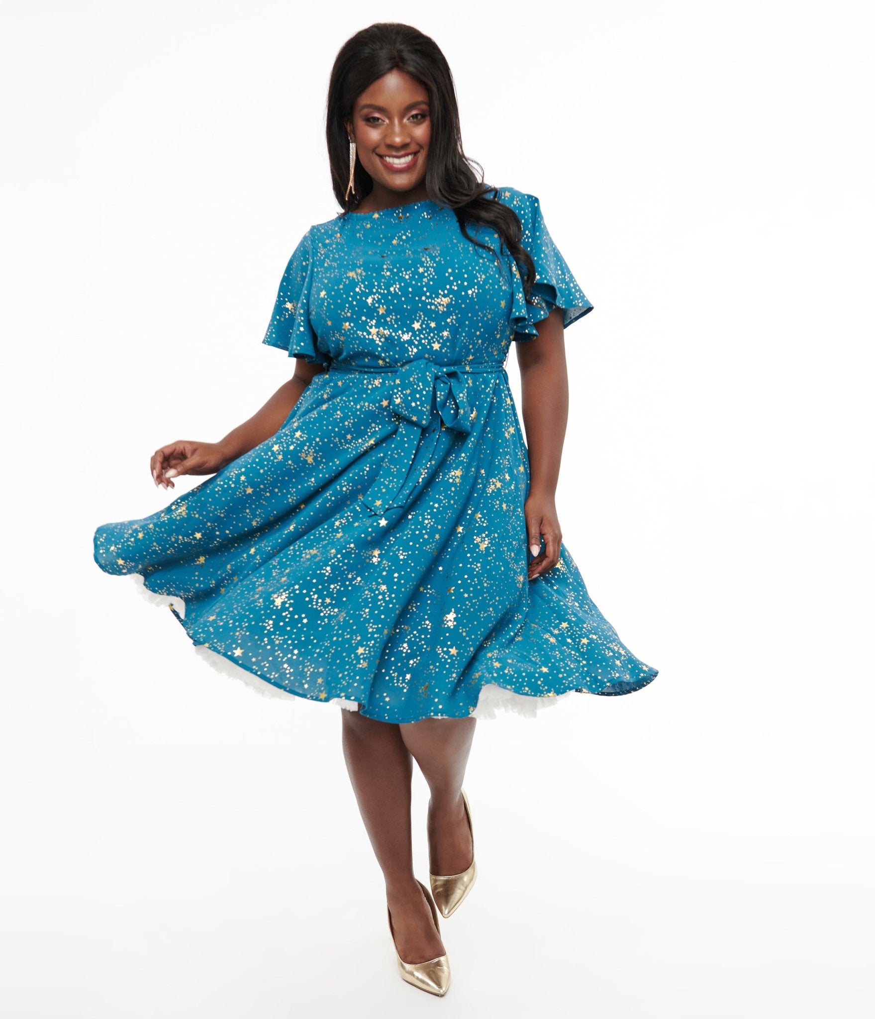 Unique Vintage Plus Size 1930s Teal & Gold Star Swing Dress - Unique Vintage - Womens, DRESSES, SWING