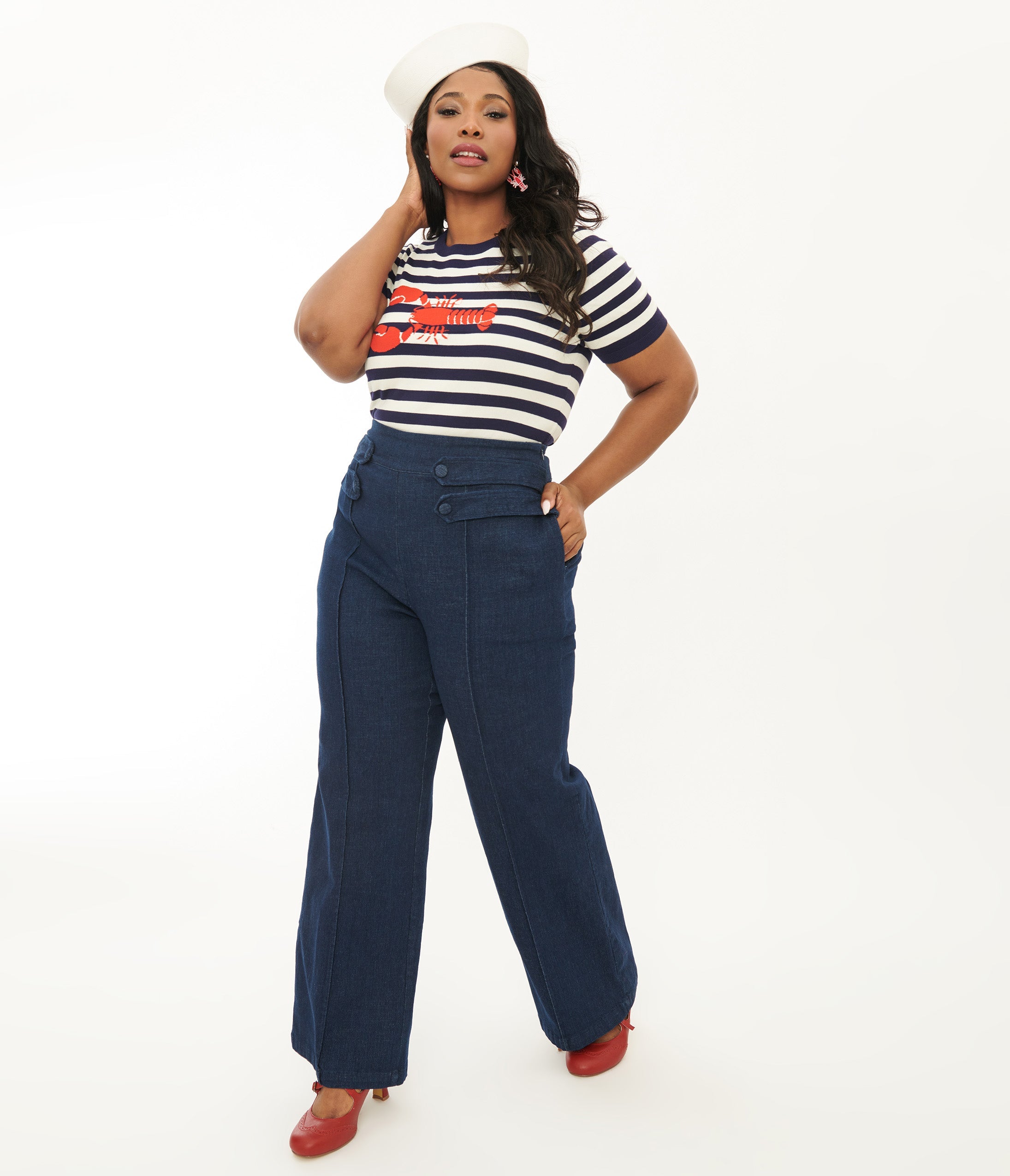 Unique Vintage Plus Size 1940s Denim High Waist Wide Leg Tab Pants Unique Vintage Plus Size 1940s Denim High Waist Wide Leg Tab Pants