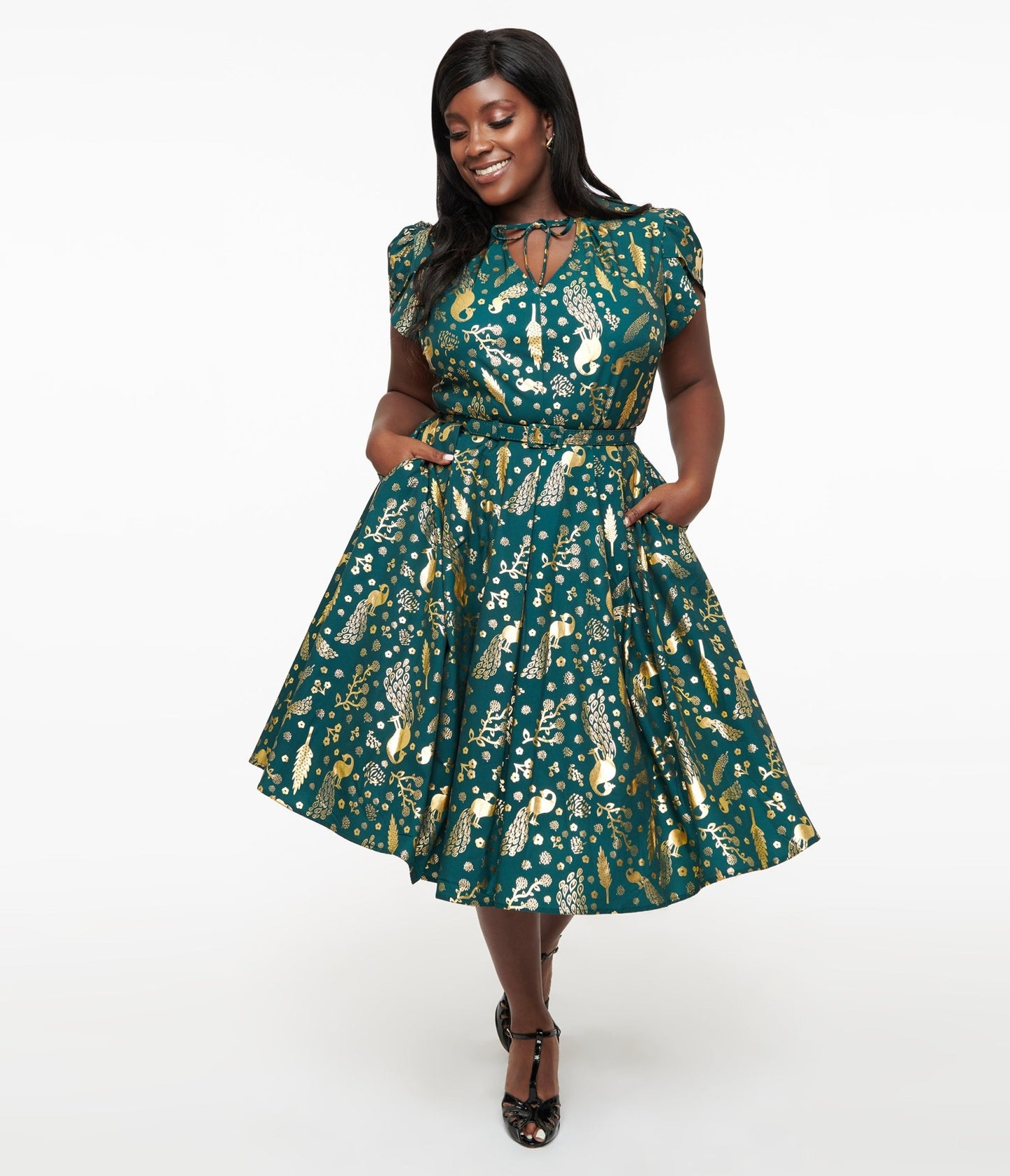 Unique Vintage Plus Size 1940s Green & Gold Peacock Print Dahlia Swing Dress - Unique Vintage - Womens, DRESSES, SWING