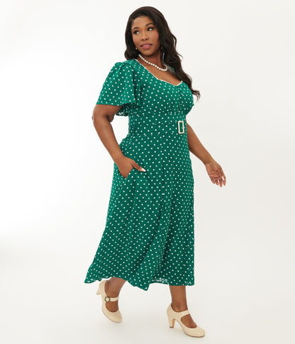 Unique Vintage Plus Size 1940s Green & White Polka Dot Godet Midi Dress - Unique Vintage - Womens, DRESSES, MIDI