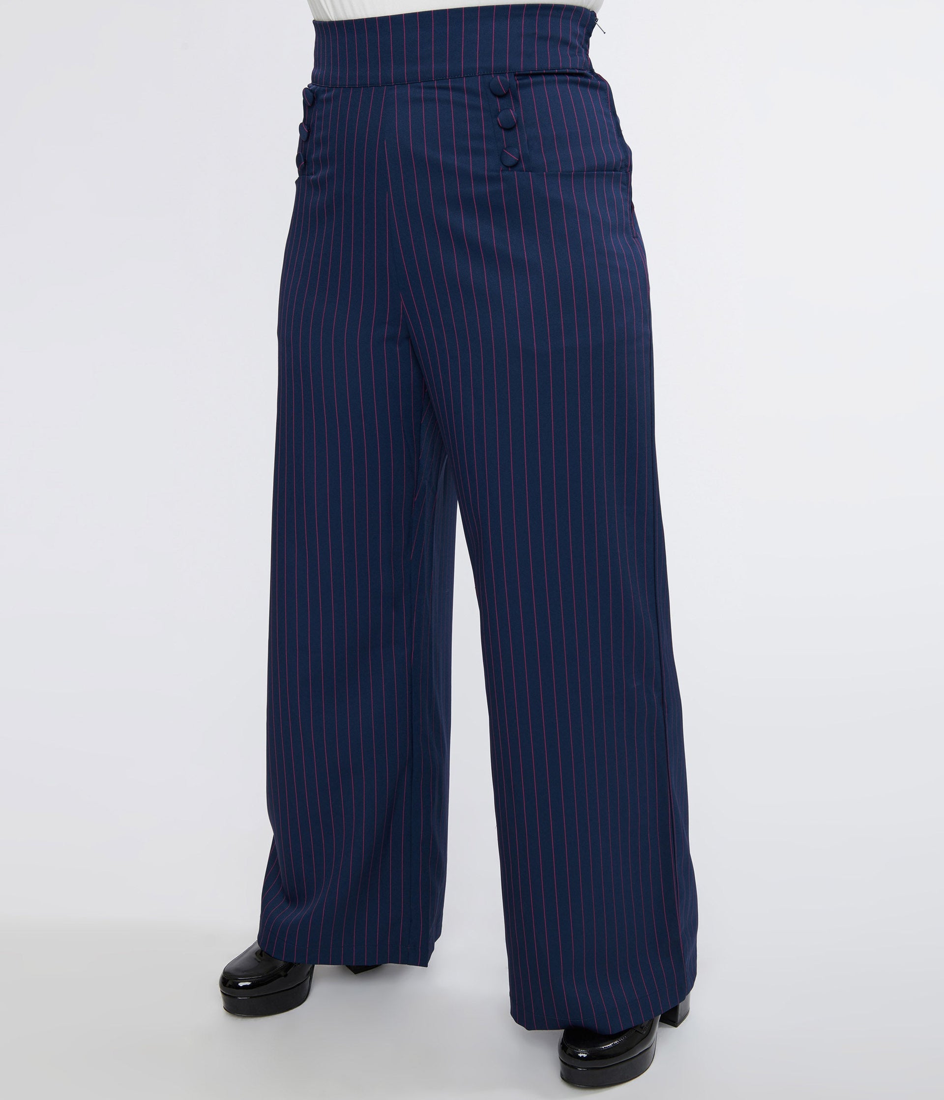Unique Vintage Plus Size 1940s Navy & Pink Pinstripe Ginger Pants - Unique Vintage - Womens, BOTTOMS, PANTS