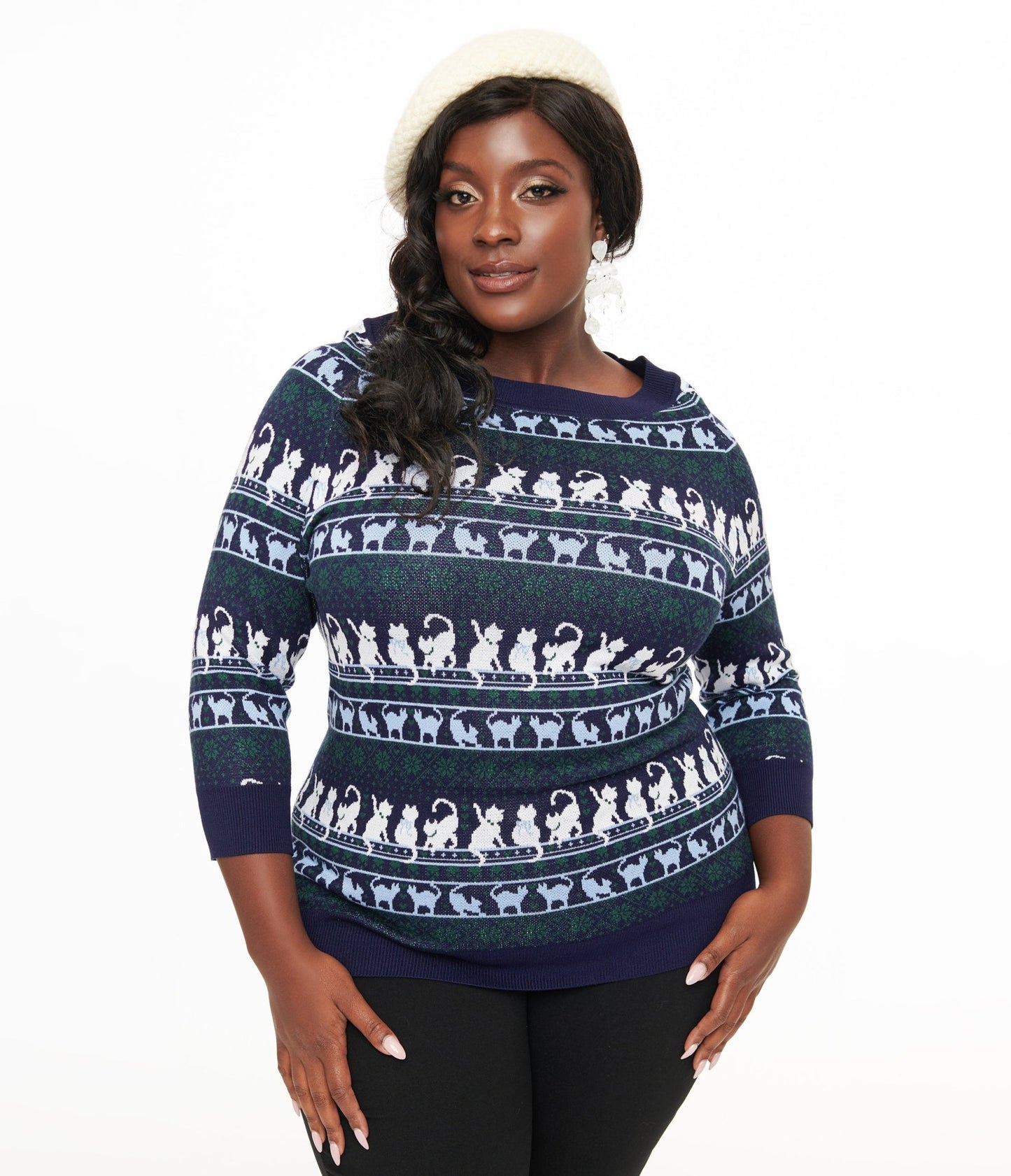 Unique Vintage Plus Size 1940s Navy & White Cat Pattern Lorelai Sweater - Unique Vintage - Womens, TOPS, SWEATERS