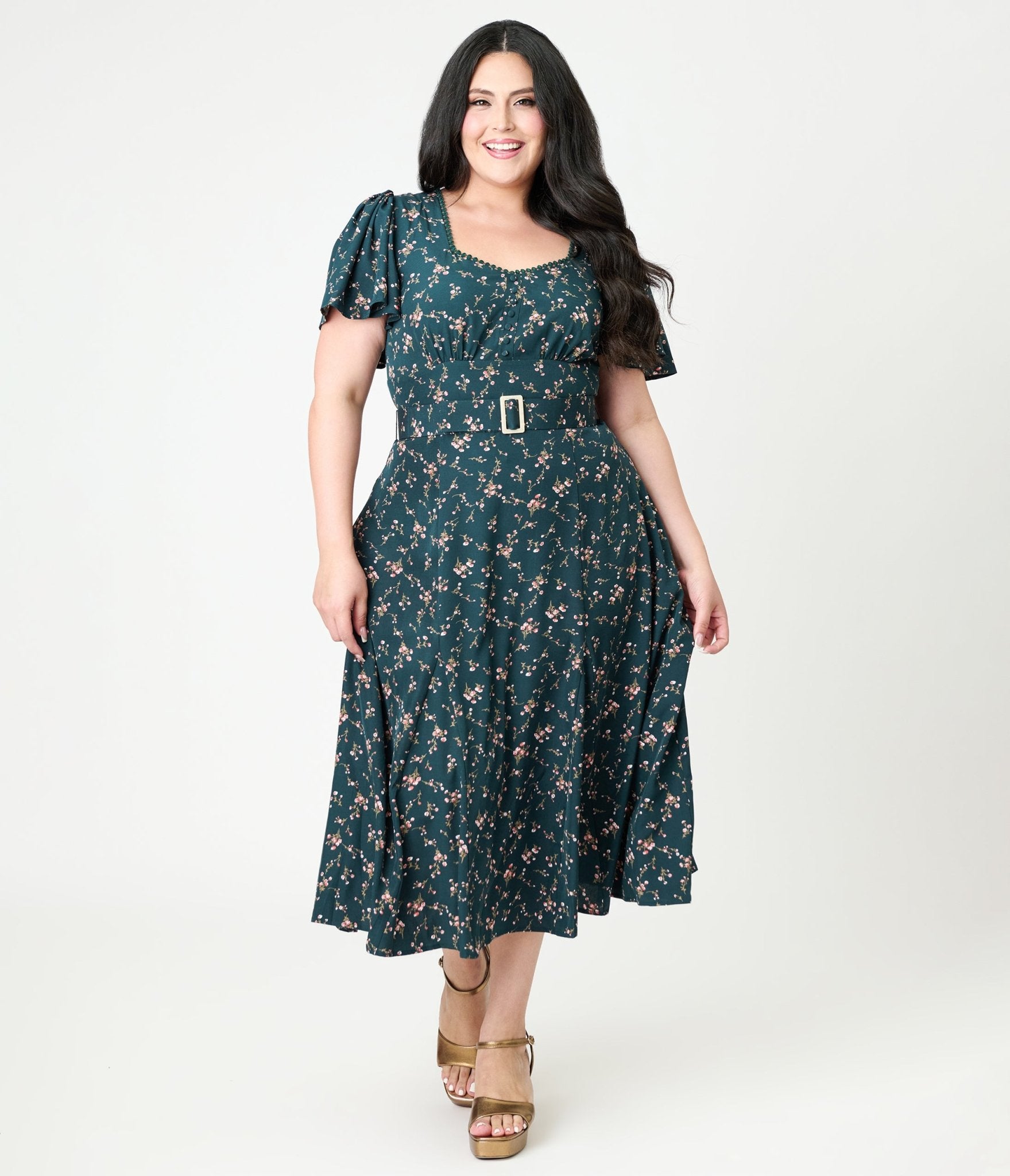 Unique Vintage Plus Size 1940s Teal Ditzy Floral Print Midi Dress Unique Vintage Plus Size 1940s Teal Ditzy Floral Print Midi Dress