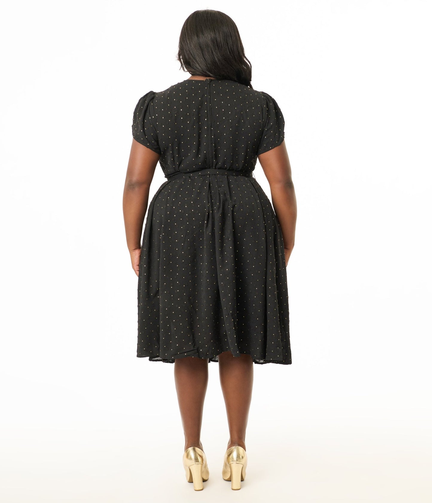 Unique Vintage Plus Size 1950s Black & Gold Pin Dot Dahlia Swing Dress - Unique Vintage - Womens, DRESSES, SWING