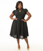 Unique Vintage Plus Size 1950s Black & Gold Pin Dot Dahlia Swing Dress