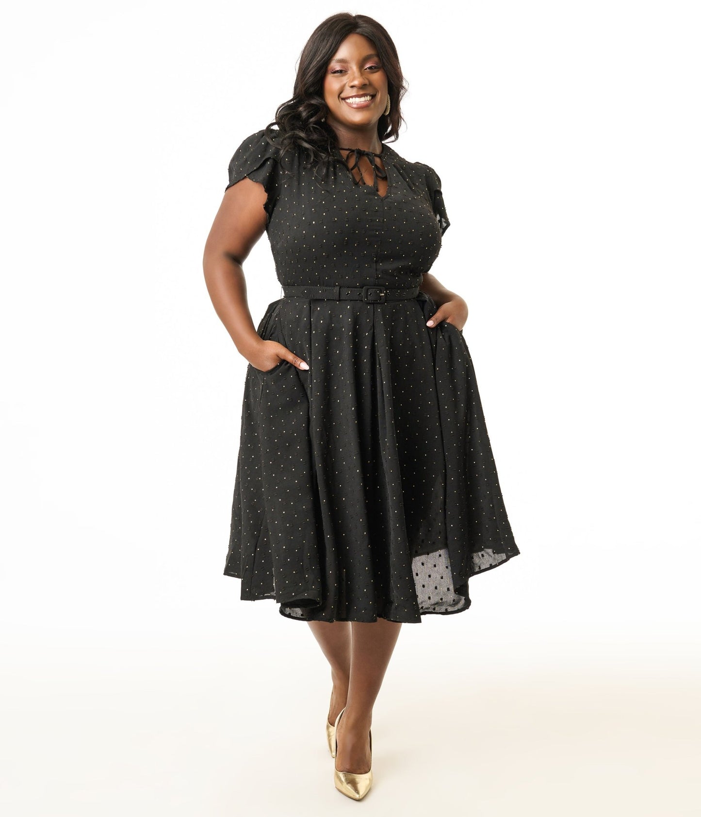 Unique Vintage Plus Size 1950s Black & Gold Pin Dot Dahlia Swing Dress - Unique Vintage - Womens, DRESSES, SWING