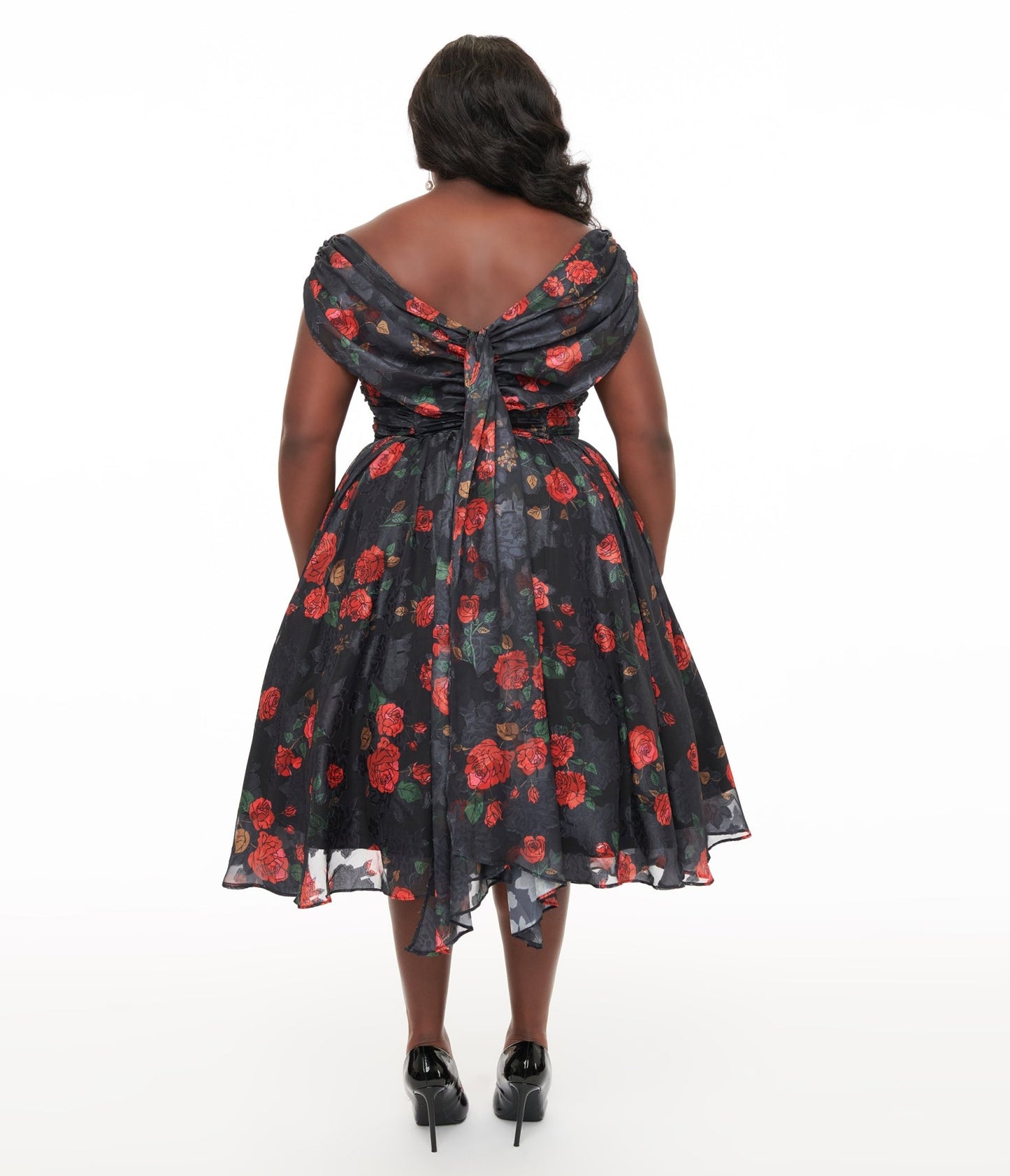 Unique Vintage Plus Size 1950s Black & Red Rose Off The Shoulder Cocktail Dress - Unique Vintage - Womens, DRESSES, SWING