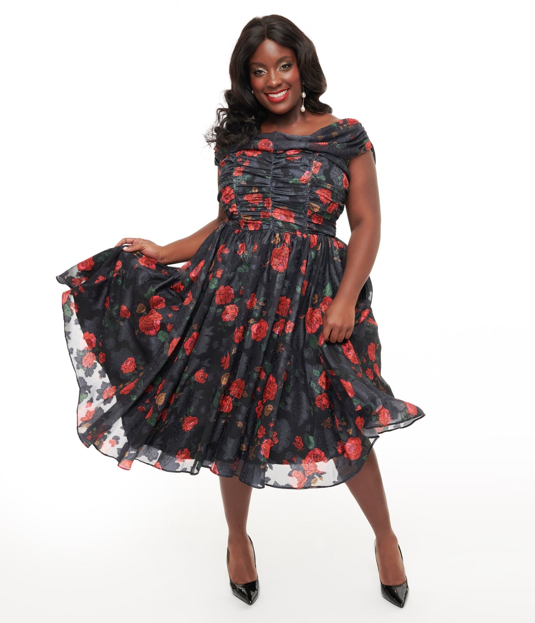 Unique Vintage Plus Size 1950s Black & Red Rose Off The Shoulder Cocktail Dress - Unique Vintage - Womens, DRESSES, SWING