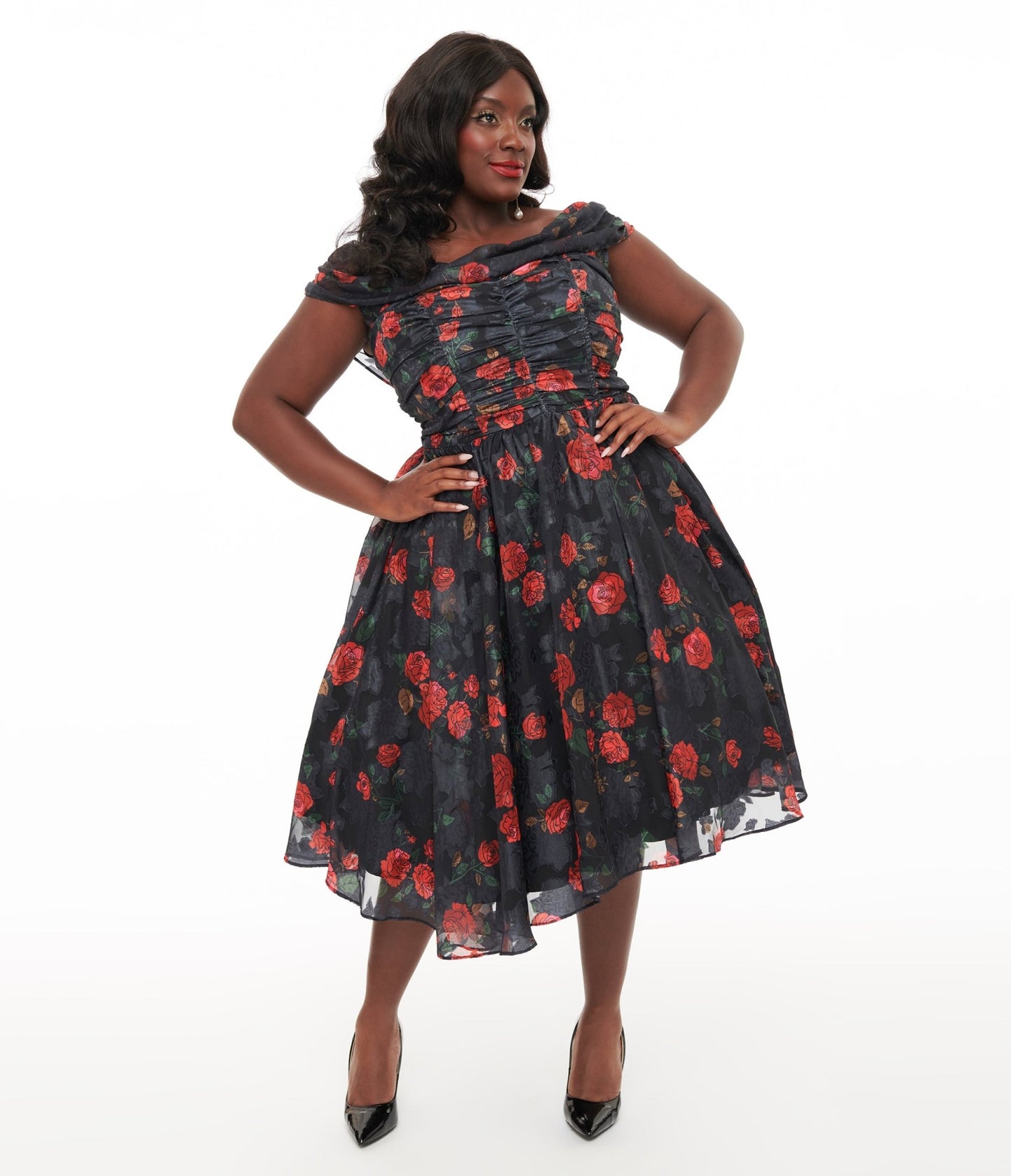 Unique Vintage Plus Size 1950s Black & Red Rose Off The Shoulder Cocktail Dress - Unique Vintage - Womens, DRESSES, SWING