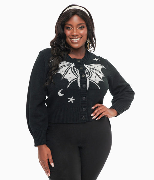 Unique Vintage Plus Size 1950s Black Silver Bat Cropped Cardigan