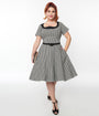 Unique Vintage Plus Size 1950s Black & White Houndstooth Collared Swing Dress