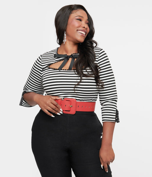 Unique Vintage Plus Size 1950s Black & White Stripe Cutout