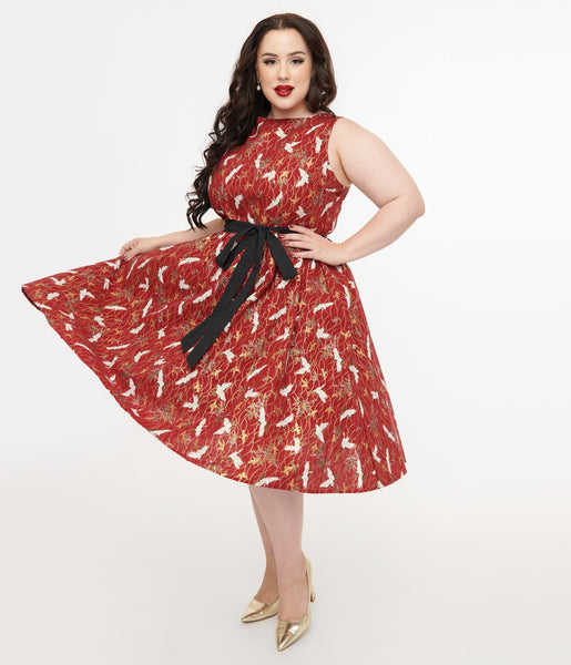 【在庫限り】 Unique Vintage Plus Size 1950s Burgundy Fall Crane Sleeveless Swing Dress ワンピース