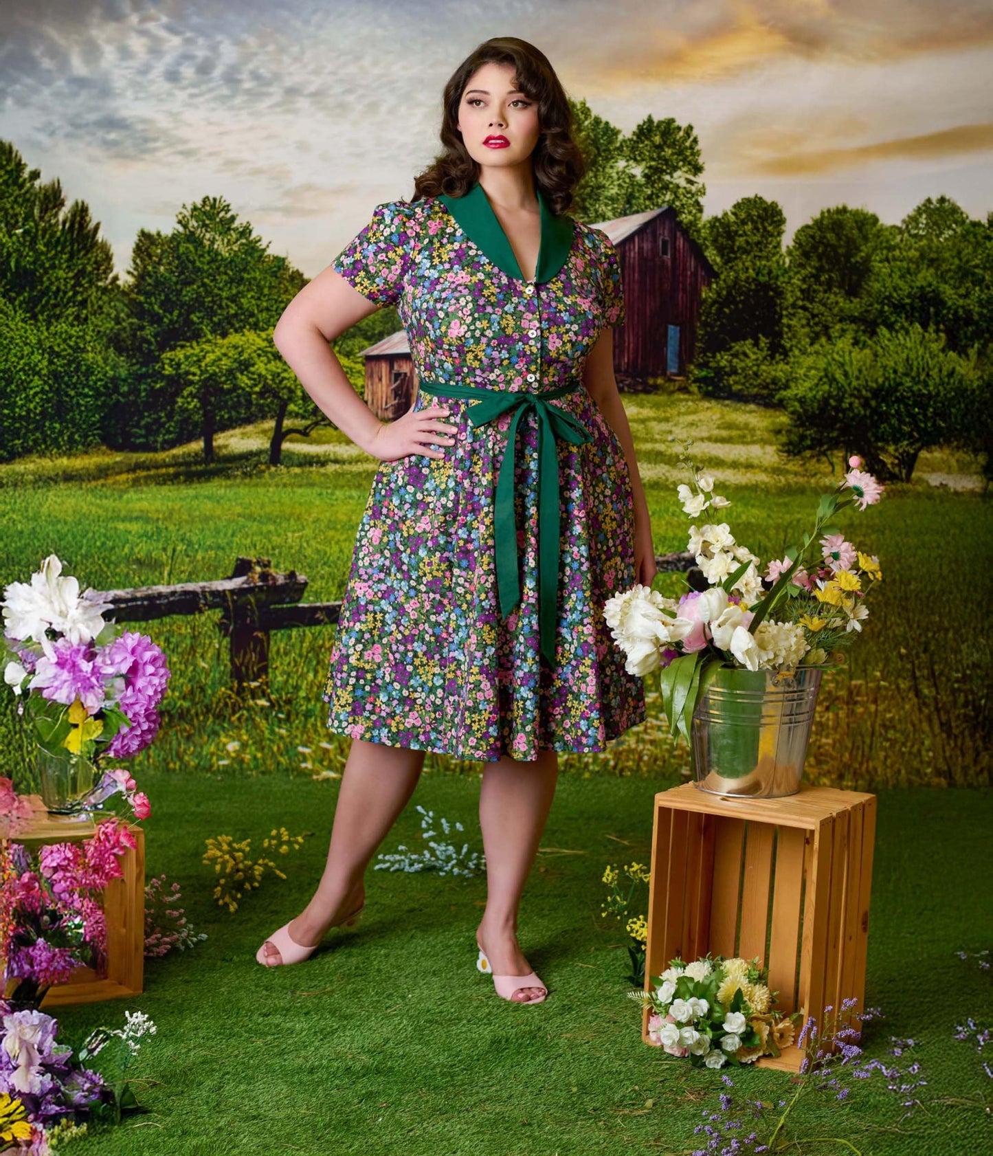Unique Vintage Plus Size 1950s Green Ditsy Floral Cotton Shirt Dress - Unique Vintage - Womens, DRESSES, SWING