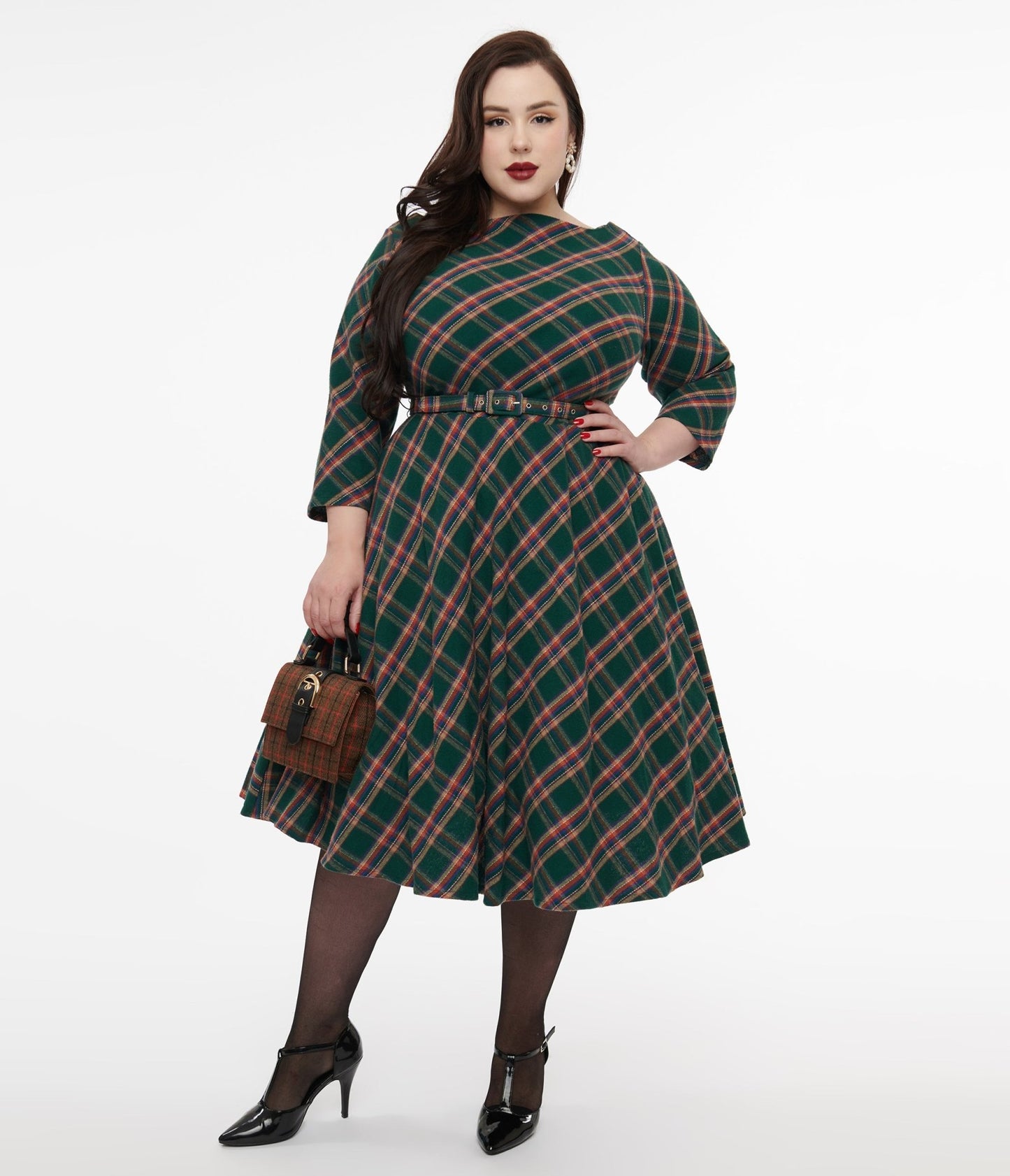 Unique Vintage Plus Size 1950s Green & Tan Plaid Devon Swing Dress - Unique Vintage - Womens, DRESSES, SWING