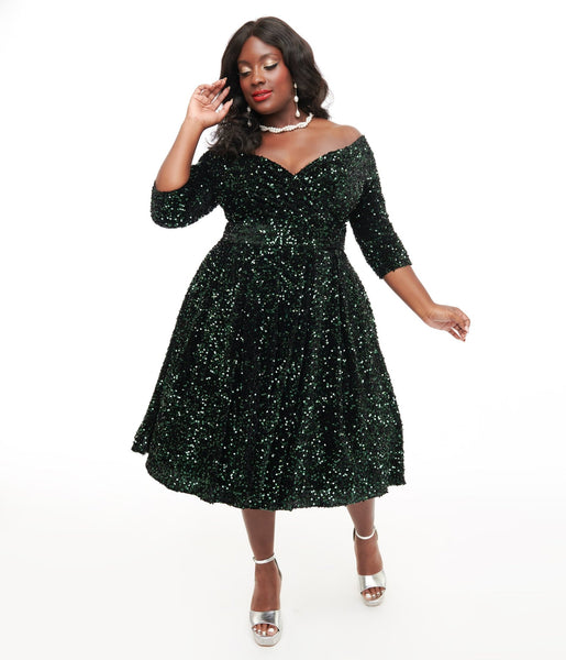 Unique Vintage Plus Size 1950s Green Velvet Sequin Marceline Swing Dre
