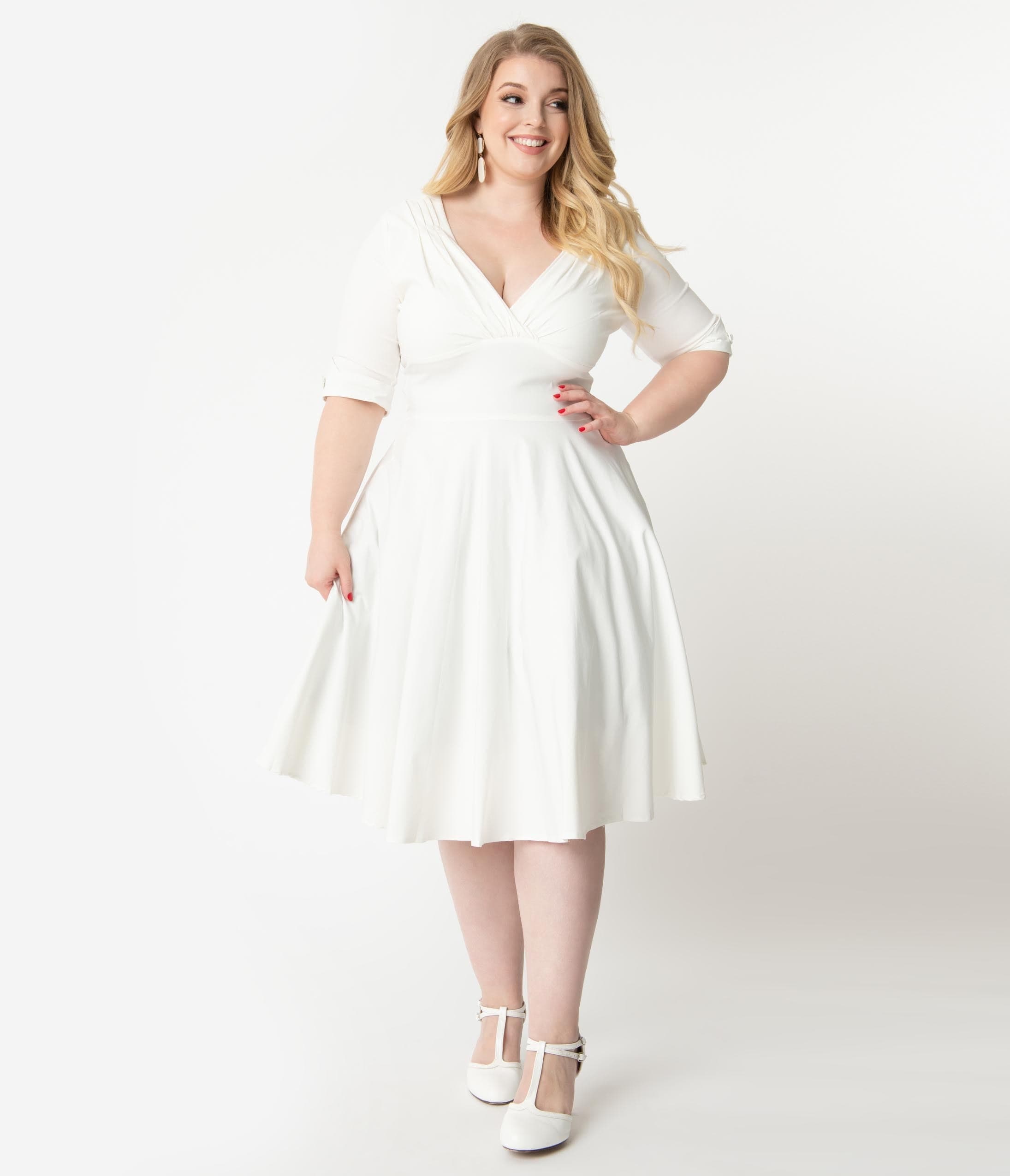 Unique Vintage Plus Size 1950s Ivory Delores Swing Dress with Sleeves - Unique Vintage - Womens, DRESSES, SWING