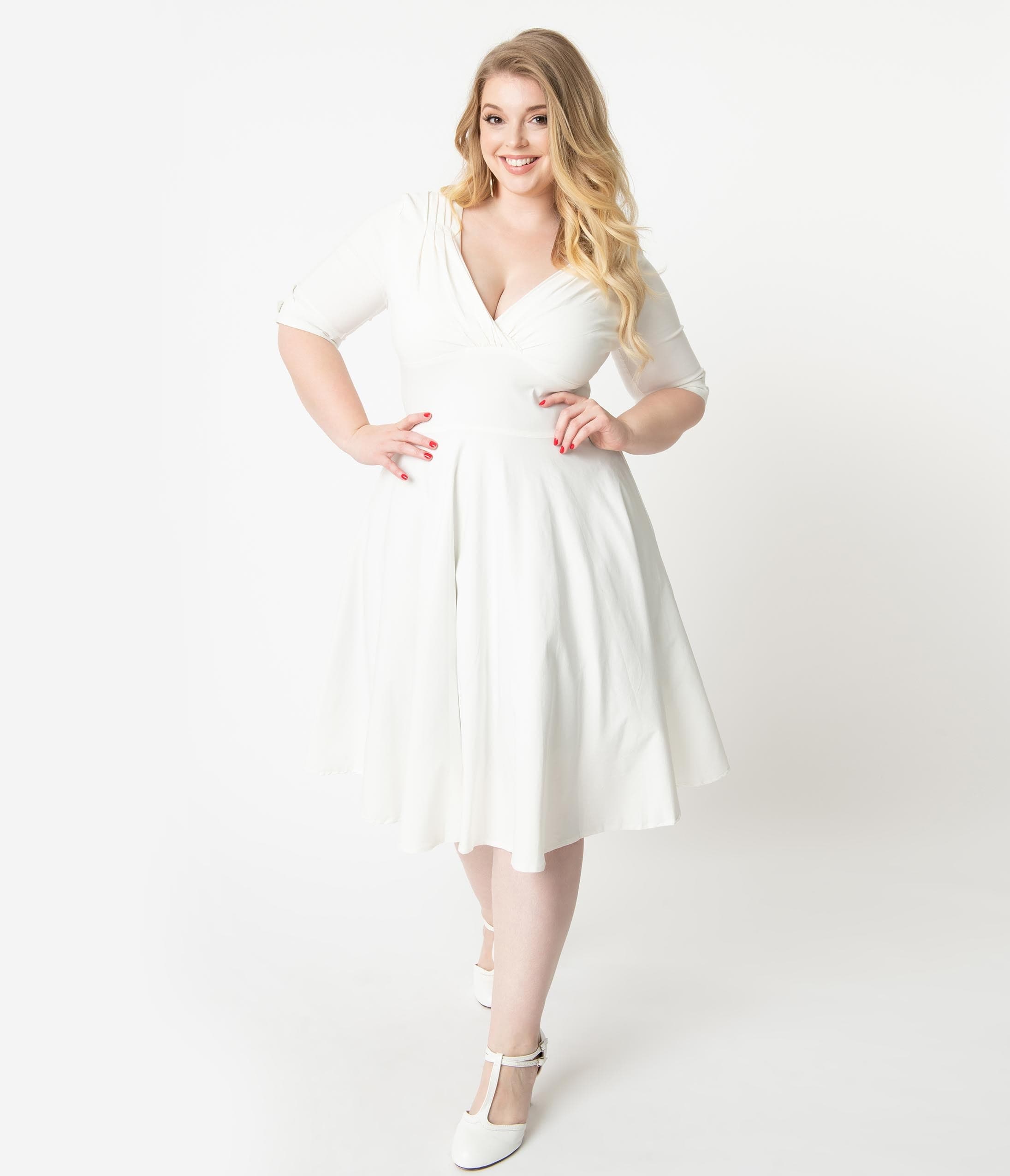 Unique Vintage Plus Size 1950s Ivory Delores Swing Dress with Sleeves - Unique Vintage - Womens, DRESSES, SWING