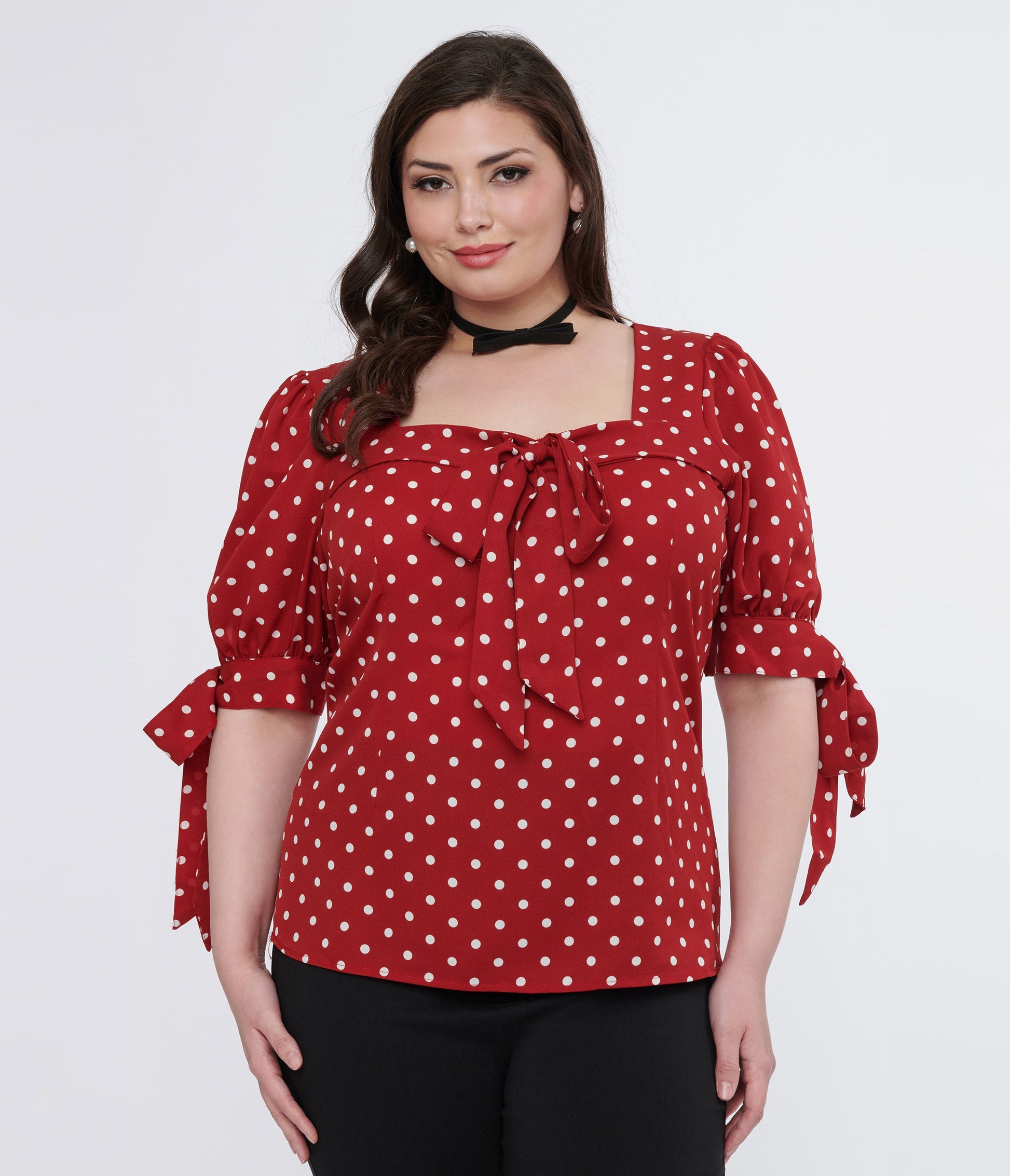 Unique Vintage Plus Size 1950s Red & White Polka Dot Bow Fitted Top - Unique Vintage - Womens, TOPS, WOVEN TOPS
